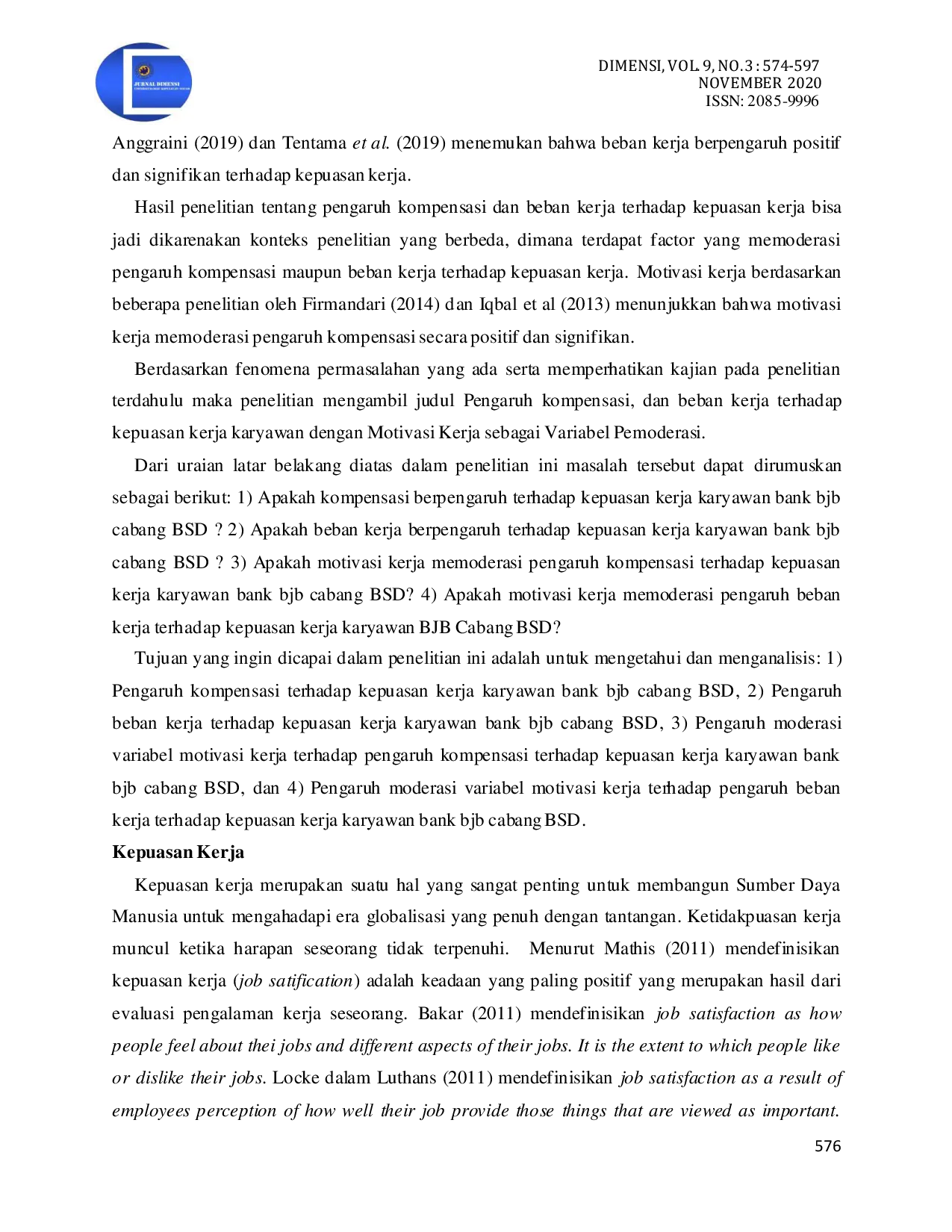 JURIS Pengaruh Kompensasi Dan Beban Kerja Terhadap Kepuasan Kerja Dengan Motivasi Kerja Sebagai Variabel Pemoderasi