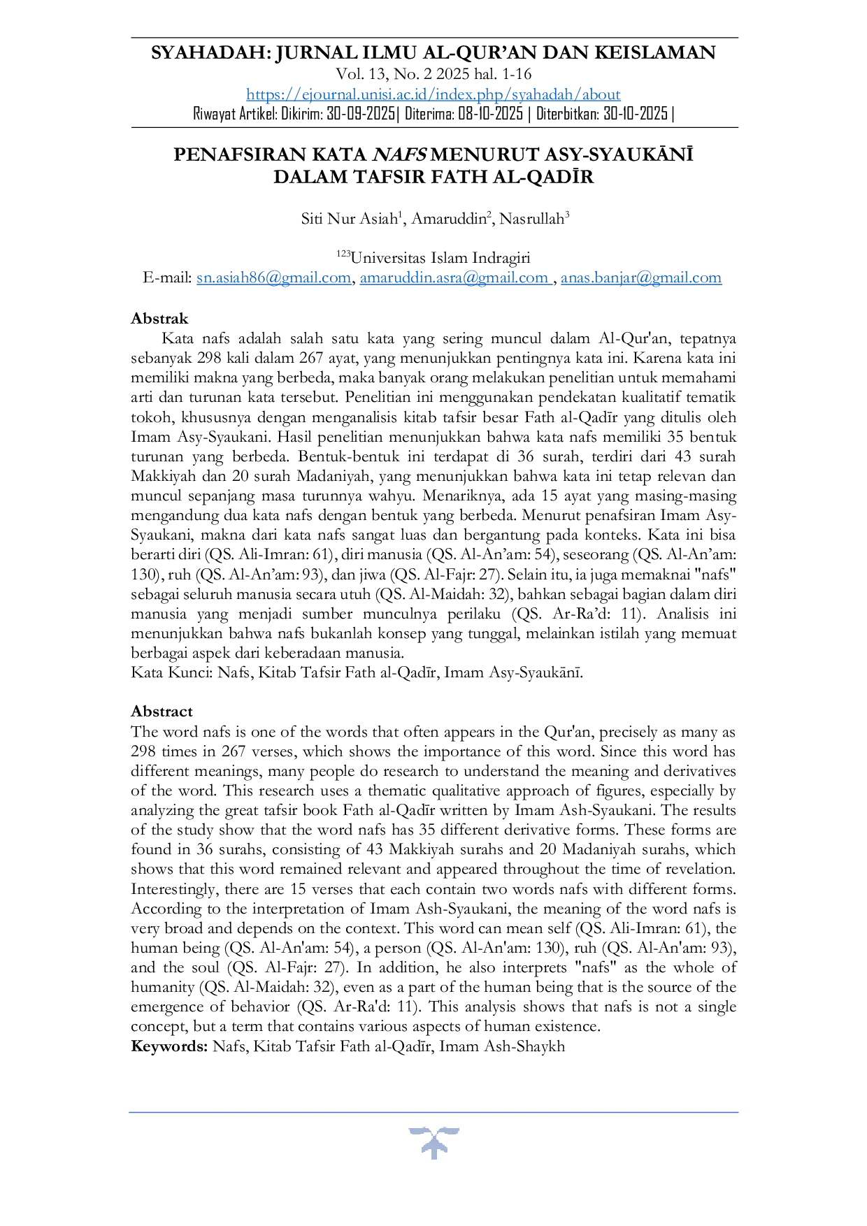 JURIS Penafsiran Kata Nafs Menurut Asy SyaukAn Dalam Tafsir Fath Al Qadr