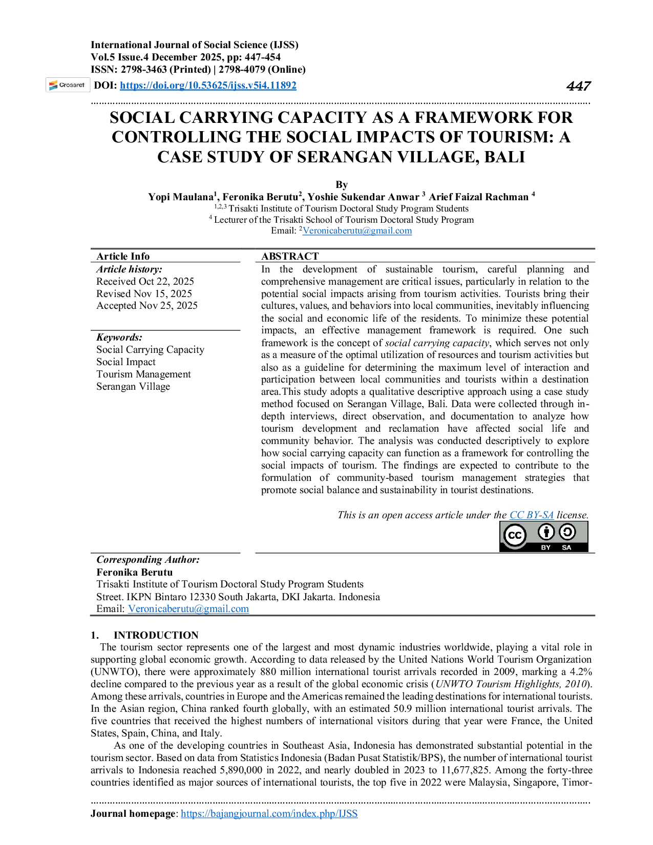 JURIS Social Carrying Capacity as a Framework for Controlling the Social Impacts of Tourism A Case Study of Serangan Village Bali