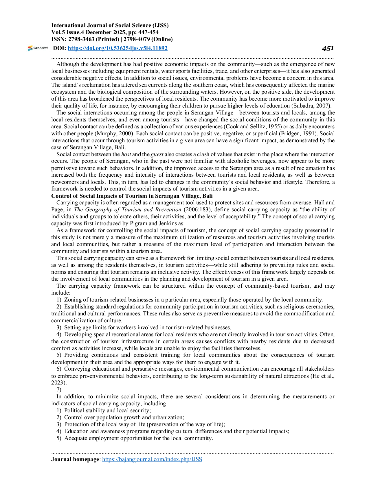 JURIS Social Carrying Capacity as a Framework for Controlling the Social Impacts of Tourism A Case Study of Serangan Village Bali