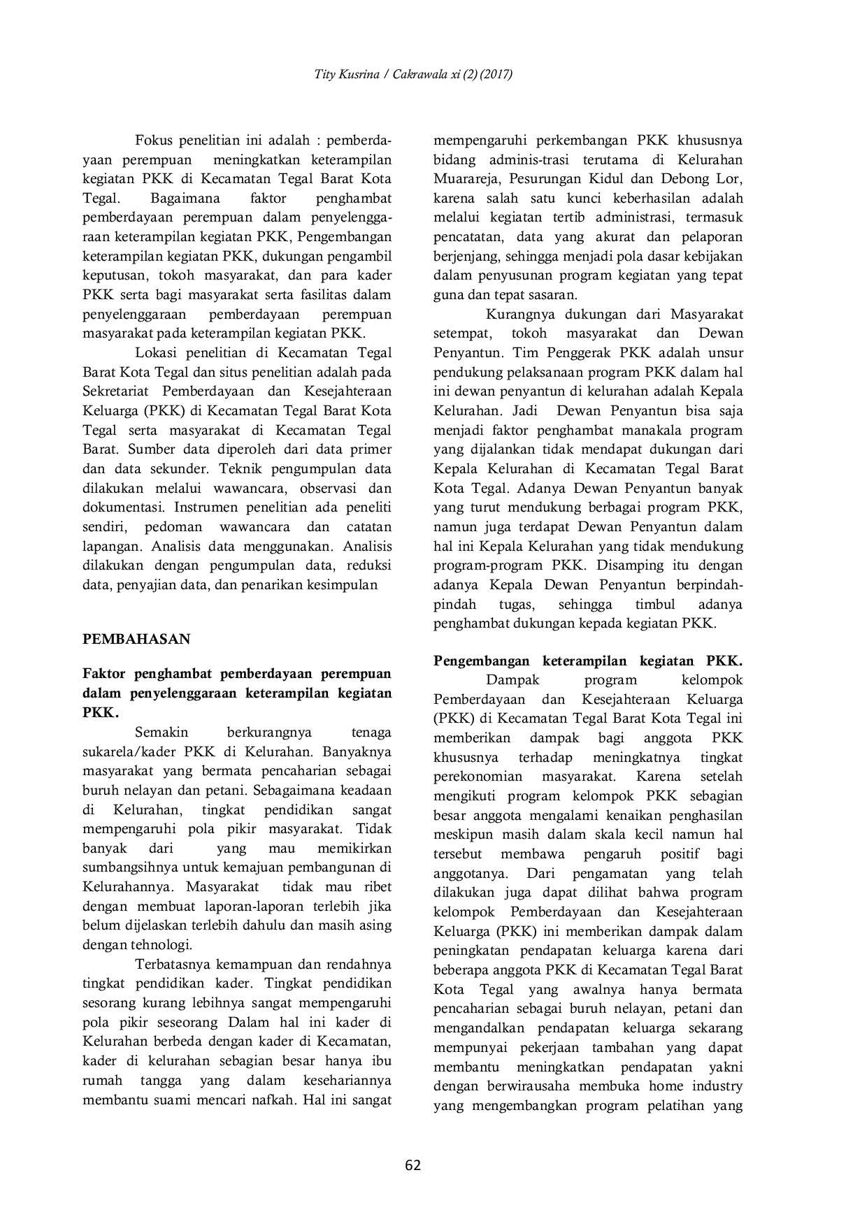 JURIS Pemberdayaan Perempuan Meningkatkan Keterampilan Kegiatan PKK Di Kecamatan Tegal Barat Kota Tega