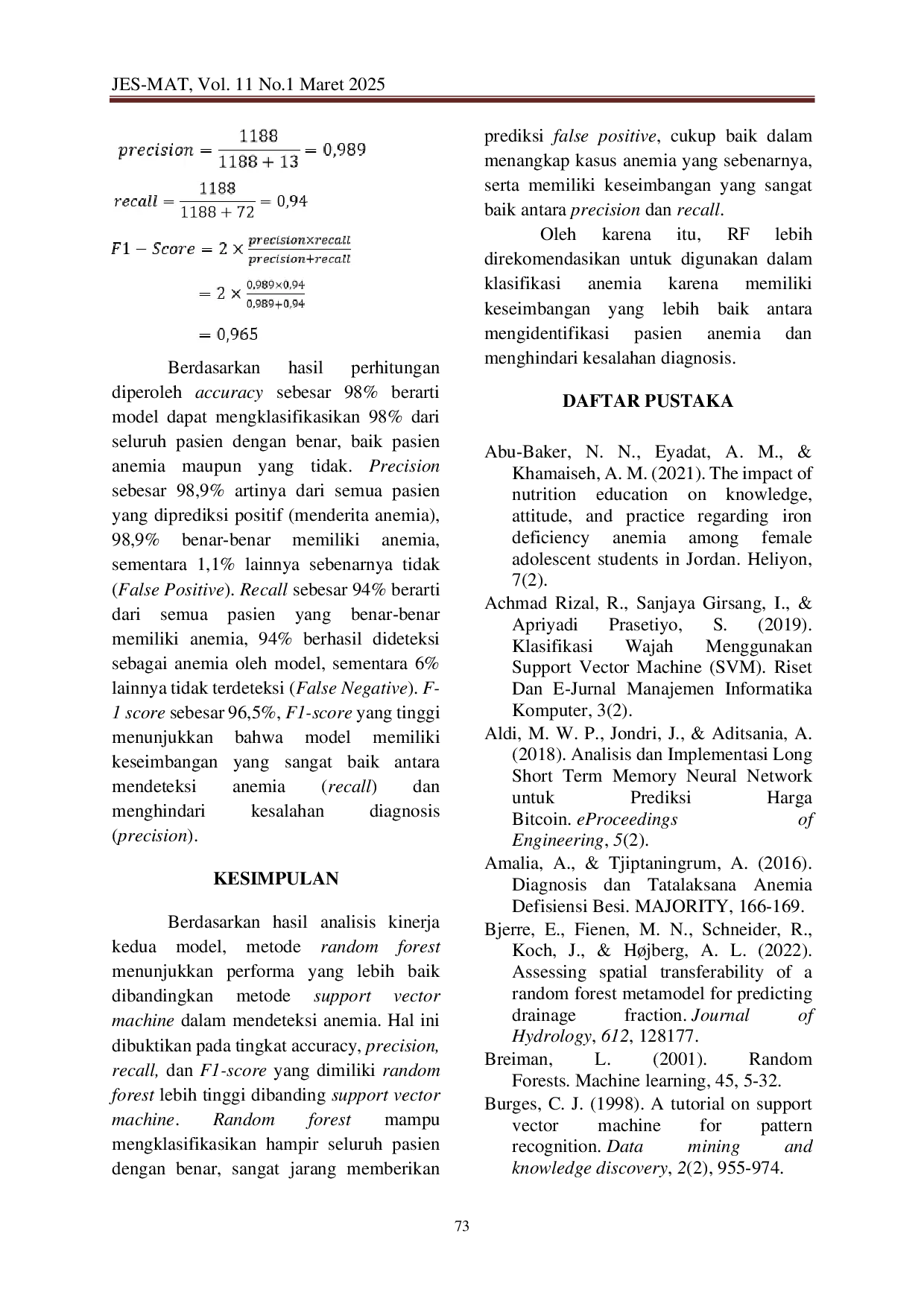JURIS Classification of Machine Learning for Anemia Using Support Vector Machine and Random Forest