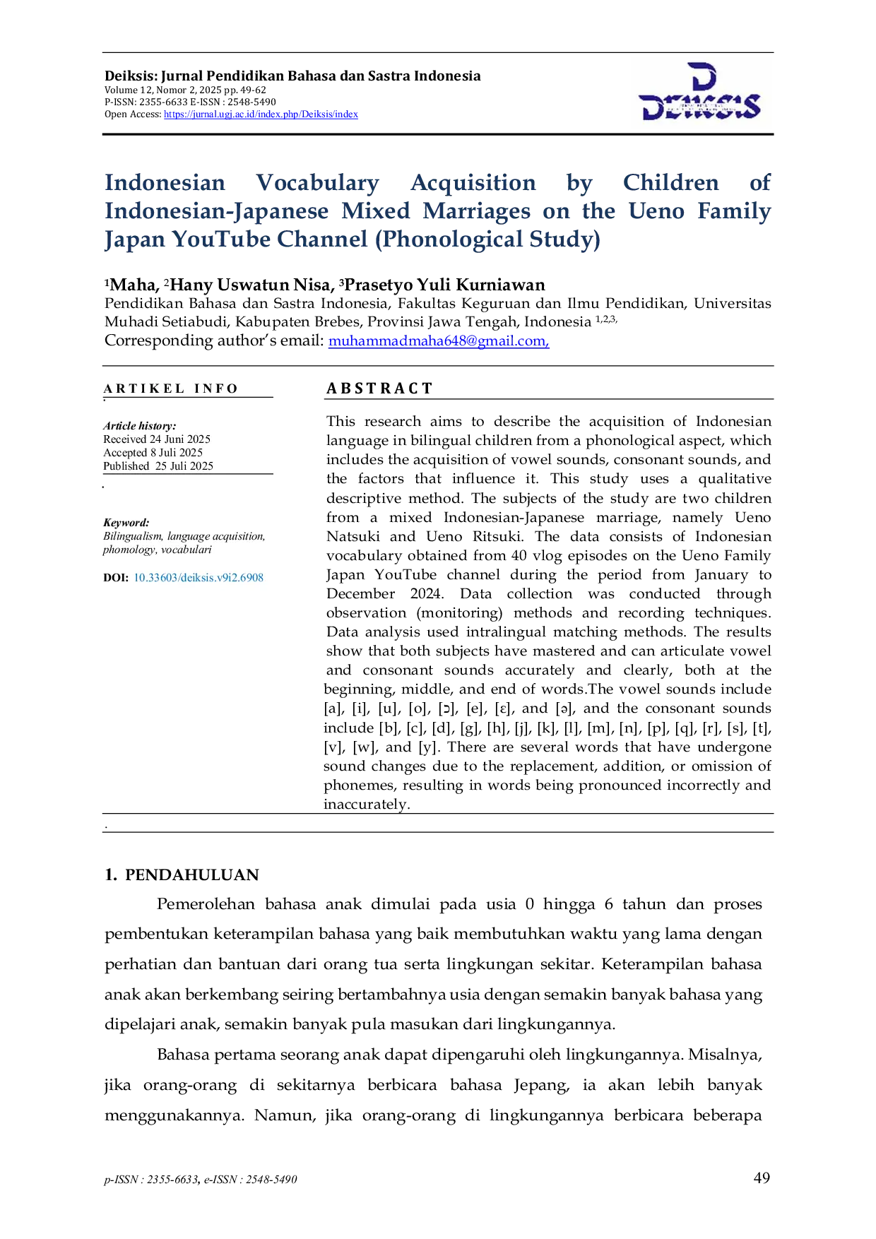 JURIS Indonesian Vocabulary Acquisition by Children of Indonesian Japanese Mixed Marriages on the Ueno Family Japan YouTube Channel Phonological Study