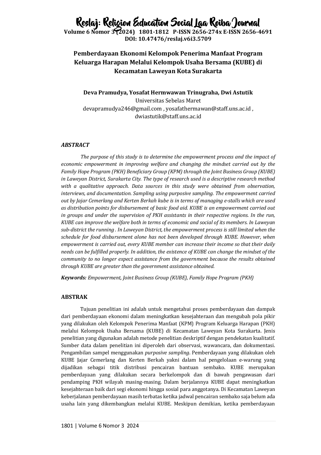 JURIS Pemberdayaan Ekonomi Kelompok Penerima Manfaat Program Keluarga Harapan Melalui Kelompok Usaha Bersama KUBE di Kecamatan Laweyan Kota Surakarta