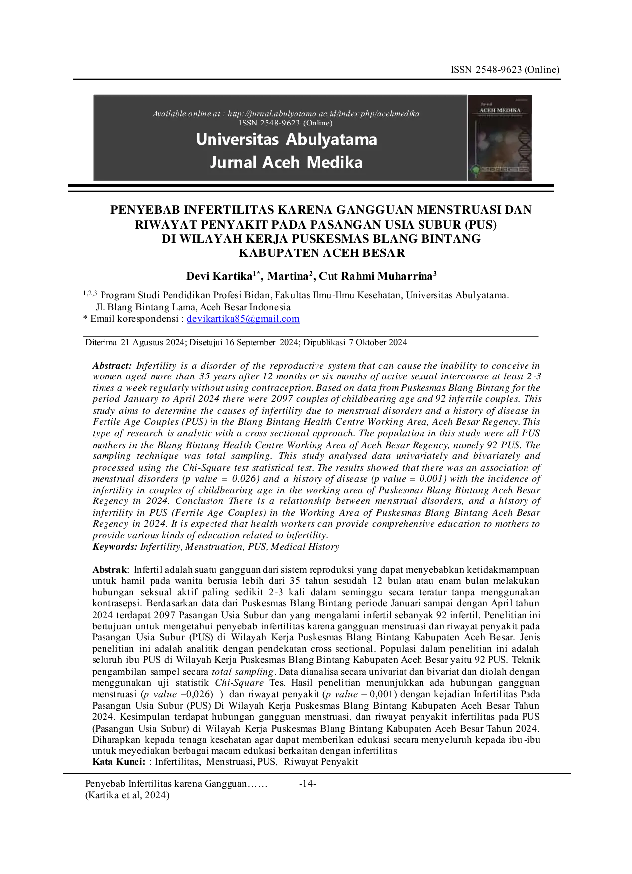 JURIS Penyebab Infertilita karena Gangguan Menstruasi dan Riwayat Penyakit pada Pasangan Usia Subur PUS di Wilayah Kerja Puskesmas Blang Bintang Kabupaten Aceh Besar