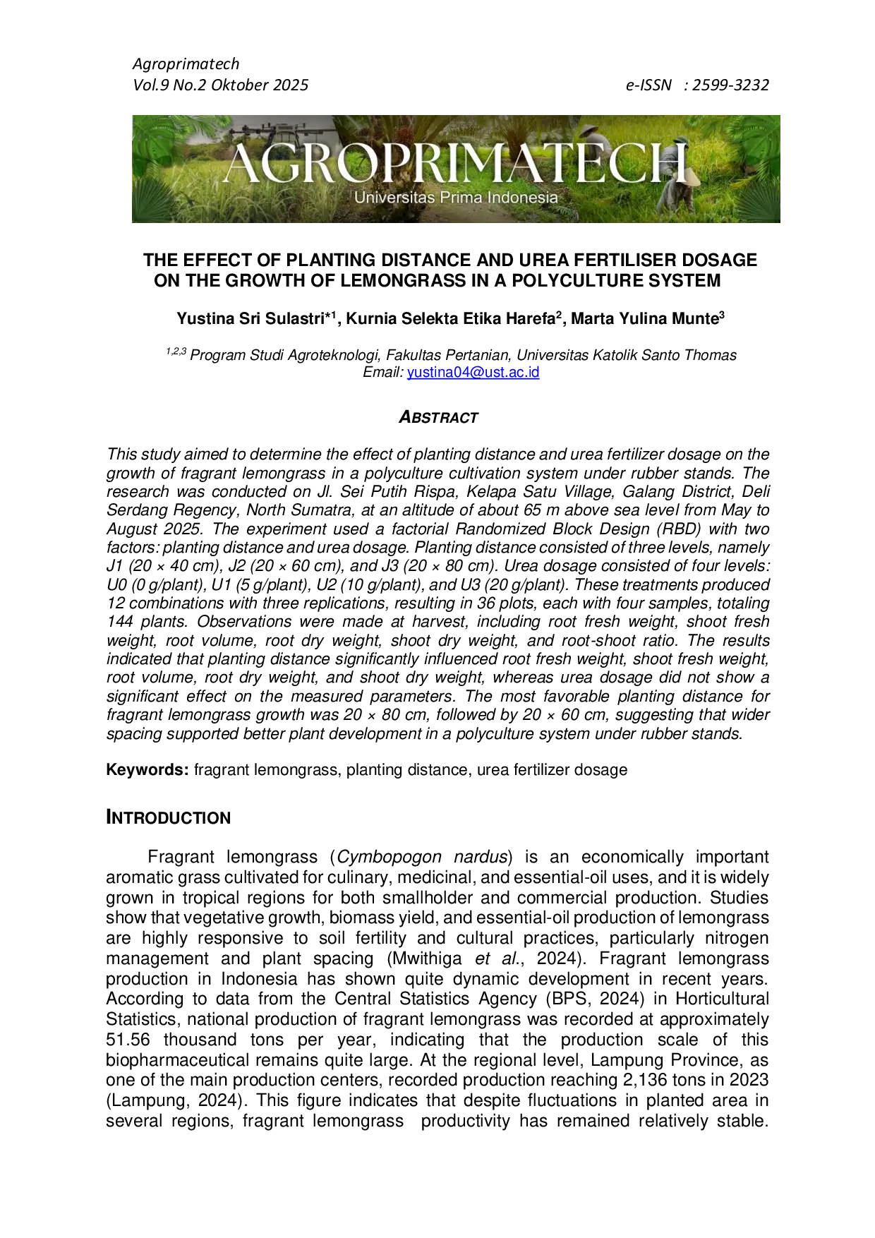 JURIS The Effect of Planting Distance and Urea Fertiliser Dosage on the Growth of Lemongrass in a Polyculture System