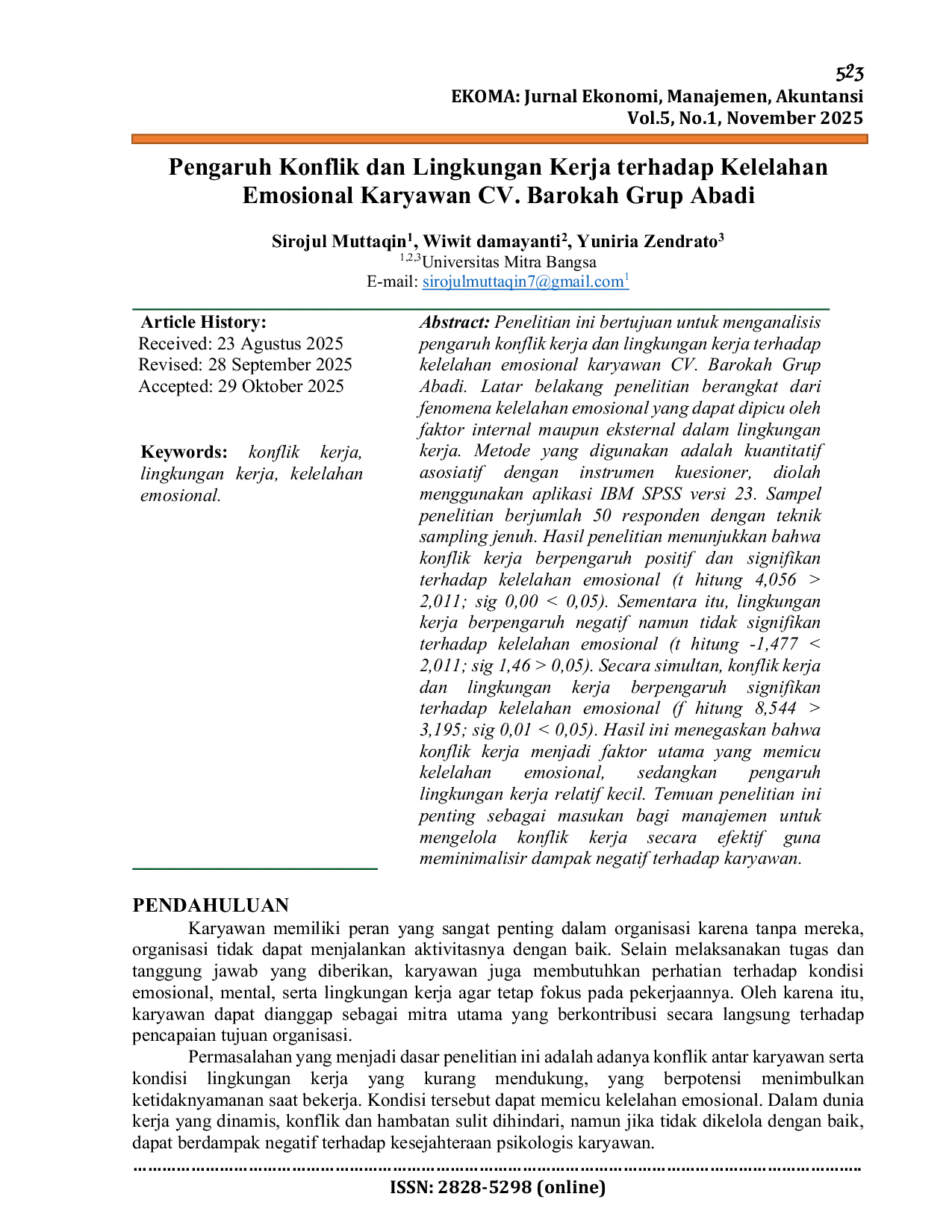 JURIS Pengaruh Konflik dan Lingkungan Kerja terhadap Kelelahan Emosional Karyawan CV Barokah Grup Abadi