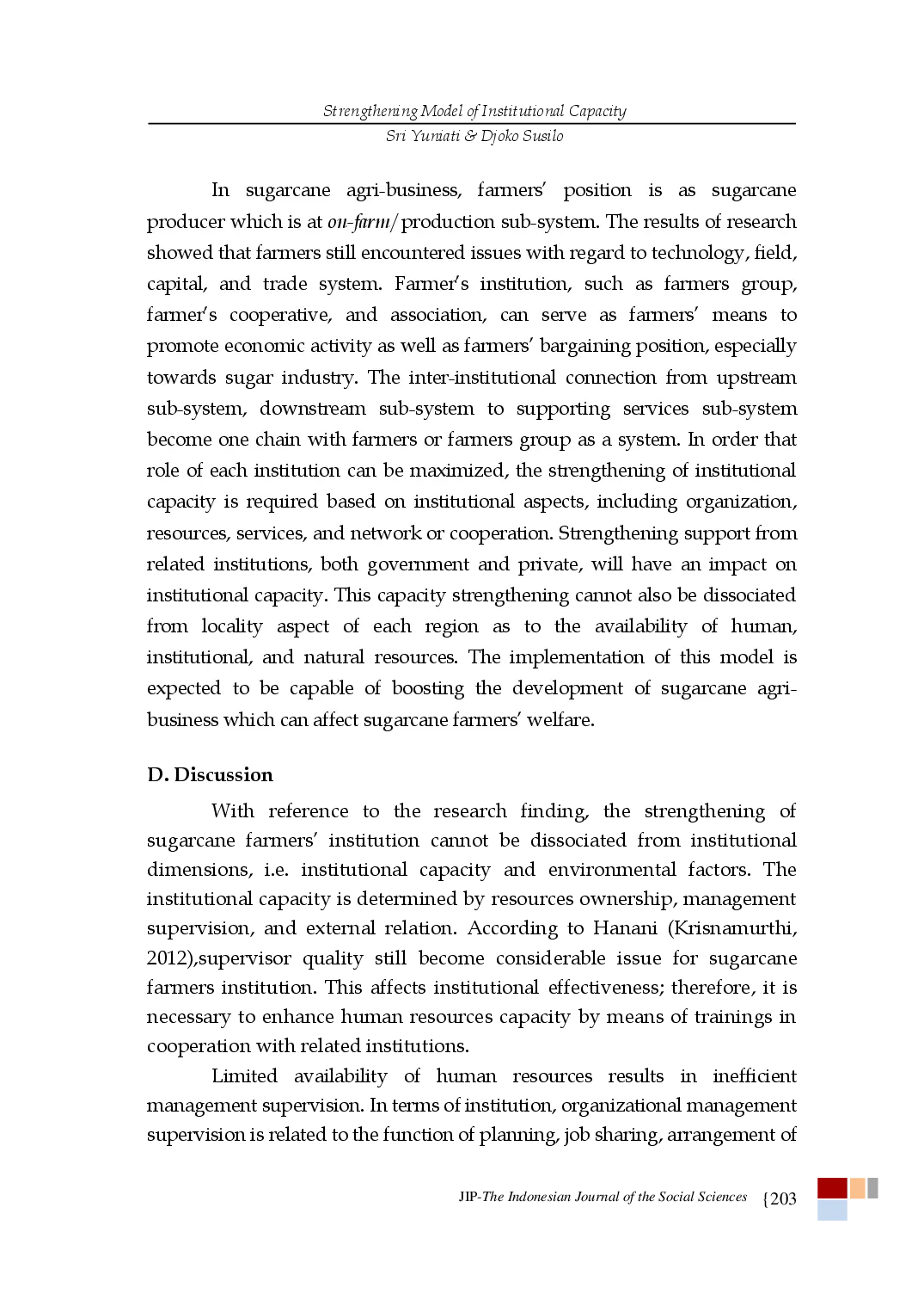 juris Strengthening Model of Institutional Capacity of Sugarcane Farmers in Situbondo Regency