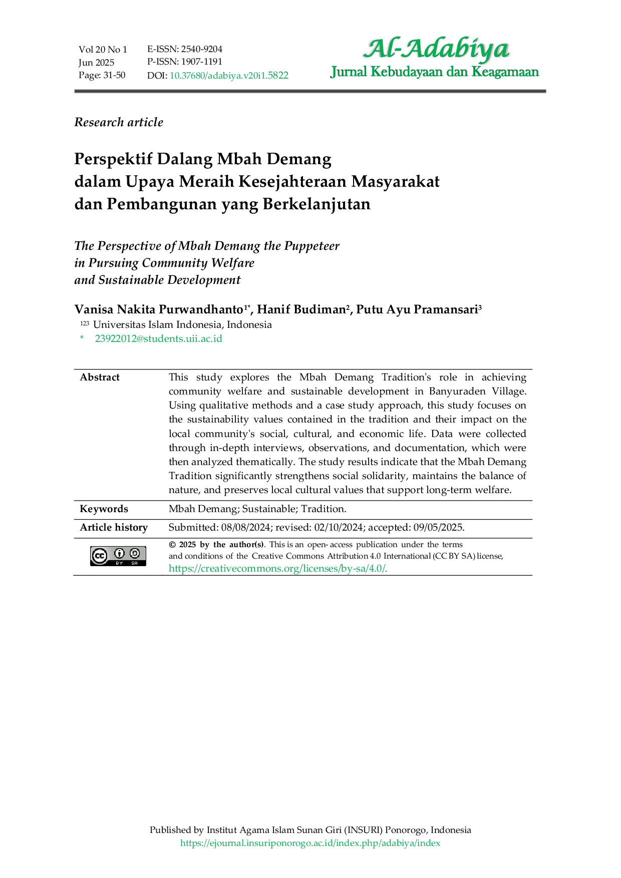 JURIS Perspektif Dalang Mbah Demang dalam Upaya Meraih Kesejahteraan Masyarakat dan Pembangunan yang Berkelanjutan