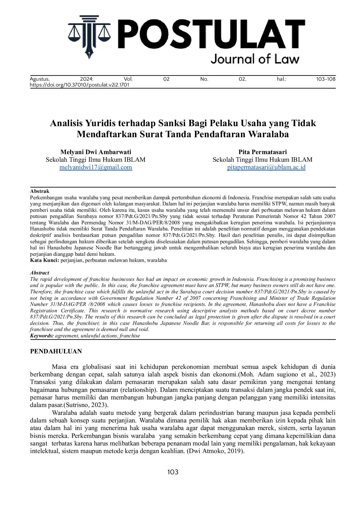 JURIS Juridical Analysis of Sanctions for Business Actors Who Do Not Register Franchise Registration Certificates