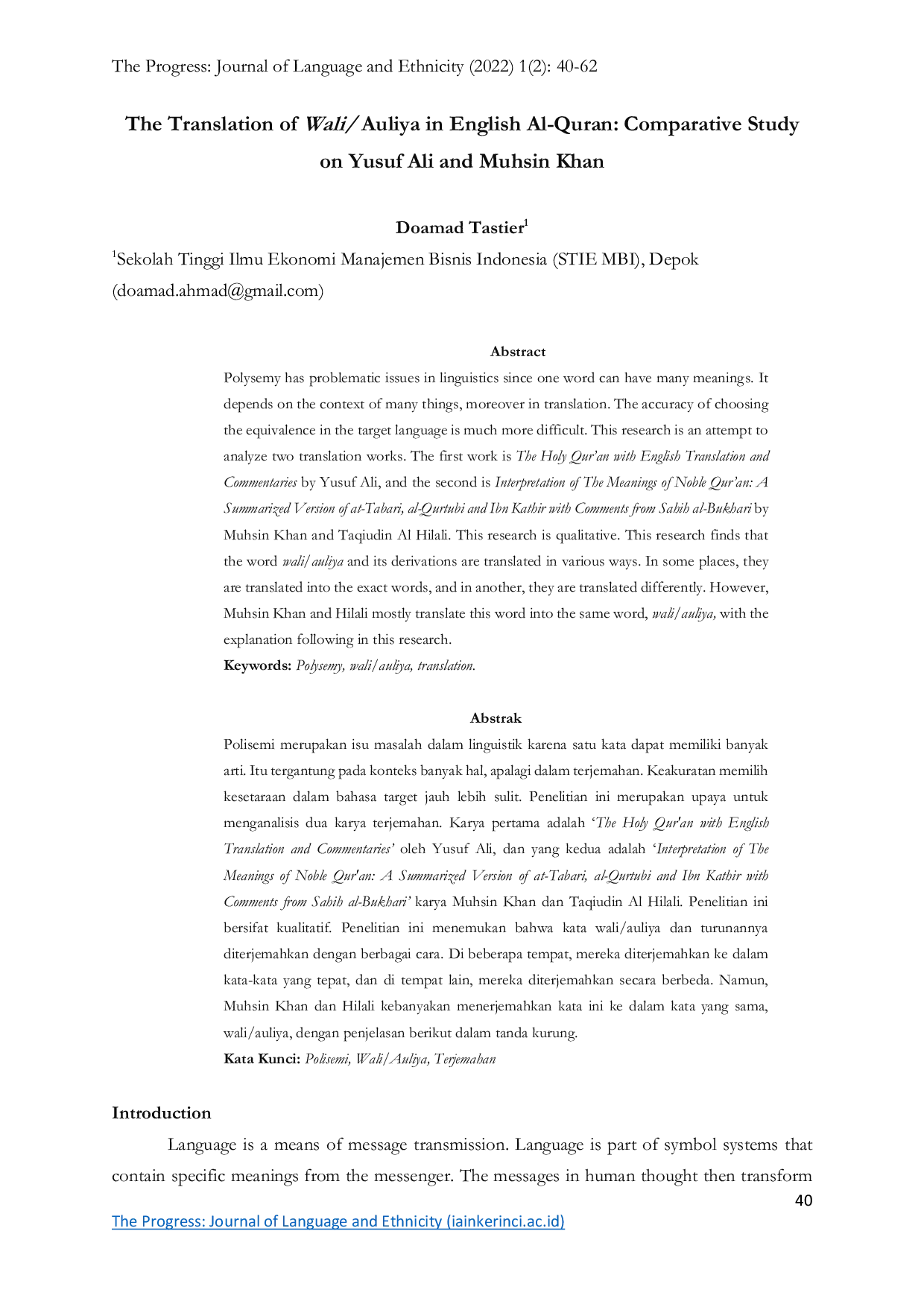 JURIS The Translation of Wali Auliya in English Al Quran Comparative Study on Yusuf Ali and Muhsin Khan