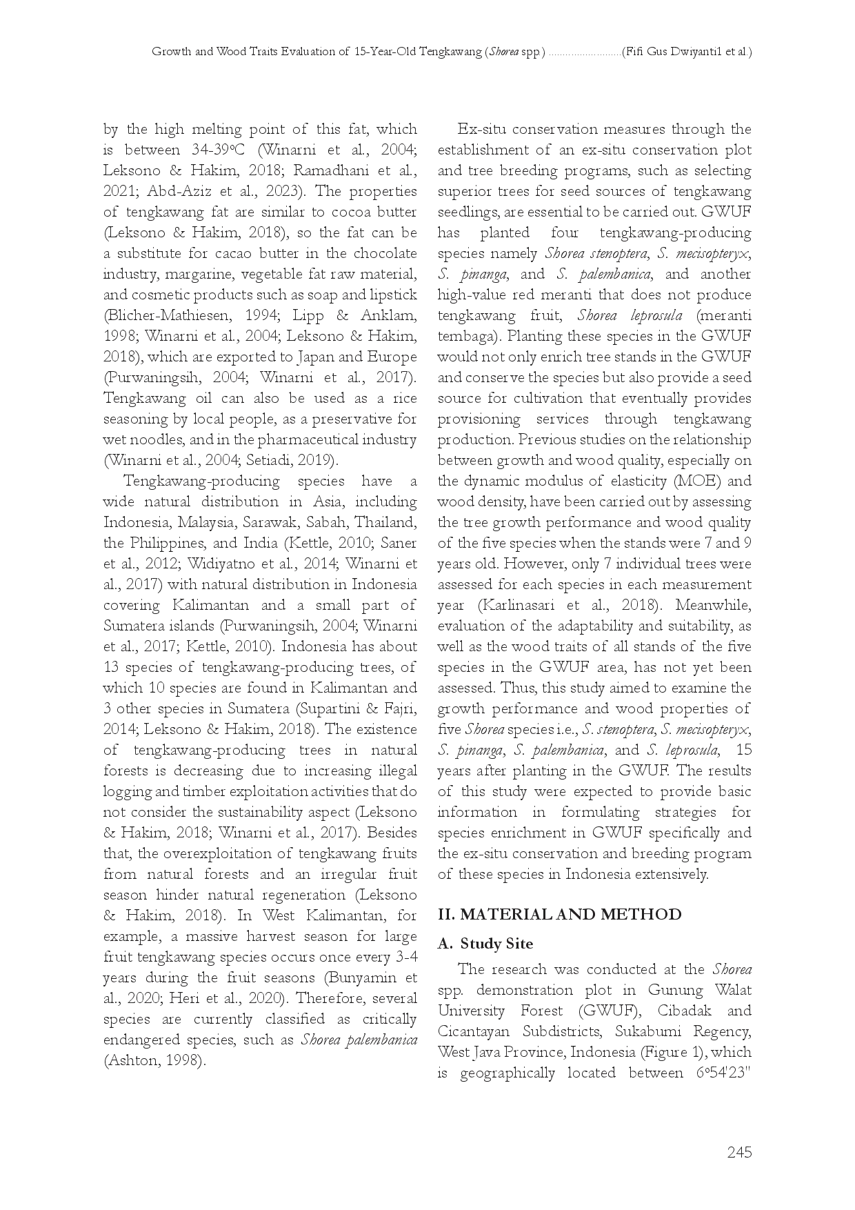 juris GROWTH AND WOOD TRAITS EVALUATION OF 15 YEAR OLD TENGKAWANG Shorea spp TREE STANDS IN GUNUNG WALAT UNIVERSITY FOREST WEST JAVA INDONESIA