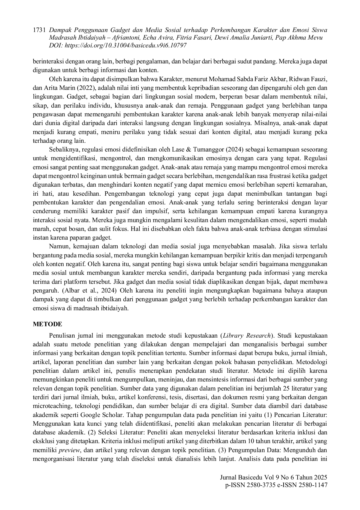 JURIS Dampak Penggunaan Gadget dan Media Sosial terhadap Perkembangan Karakter dan Emosi Siswa Madrasah Ibtidaiyah