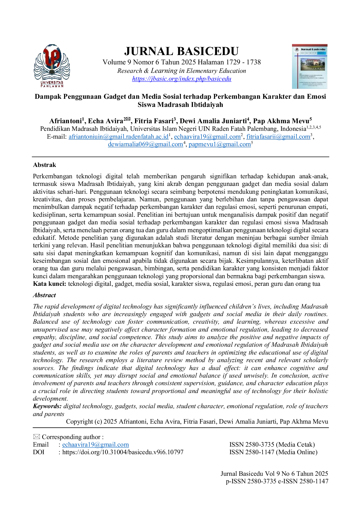 JURIS Dampak Penggunaan Gadget dan Media Sosial terhadap Perkembangan Karakter dan Emosi Siswa Madrasah Ibtidaiyah