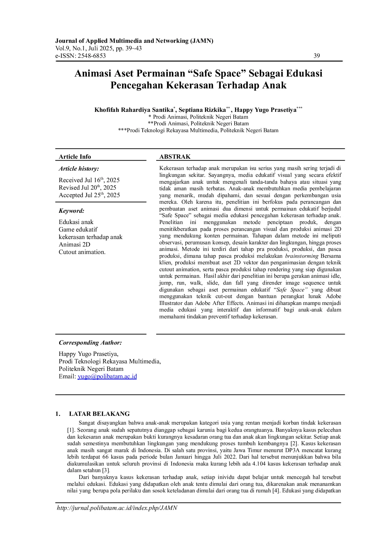 JURIS Animasi Aset Permainan Safe Space Sebagai Edukasi Pencegahan Kekerasan Terhadap Anak