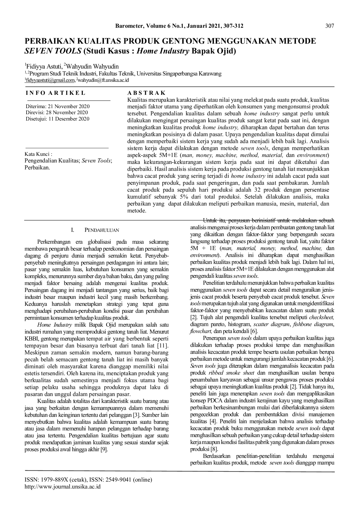 JURIS PERBAIKAN KUALITAS PADA PRODUKSI GENTONG MENGGUNAKAN METODE SEVEN TOOLS Studi Kasus Home Industry Bapak Ojid