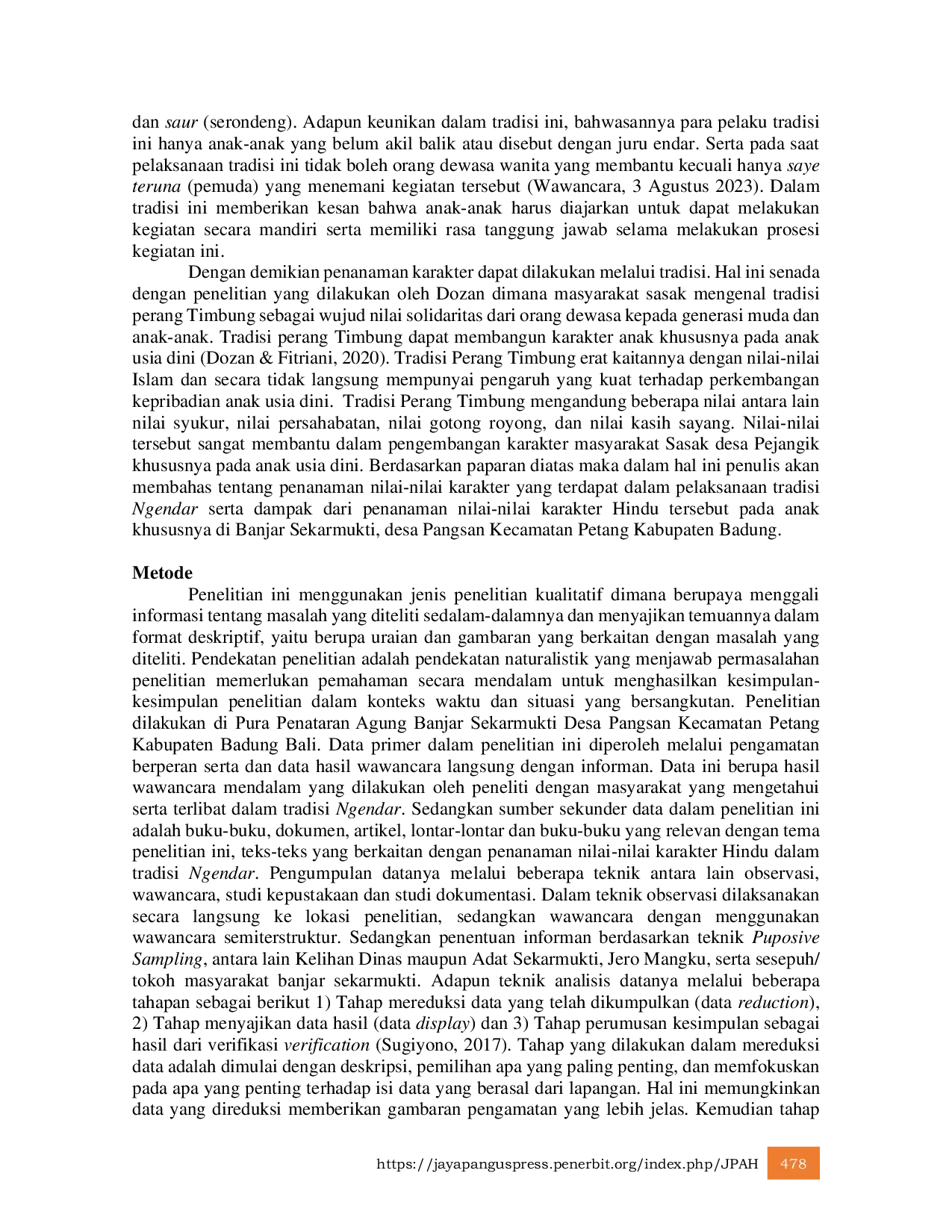 JURIS Penanaman Nilai Nilai Karakter Hindu Dalam Tradisi Ngendar Di Banjar Sekarmukti Desa Pangsan