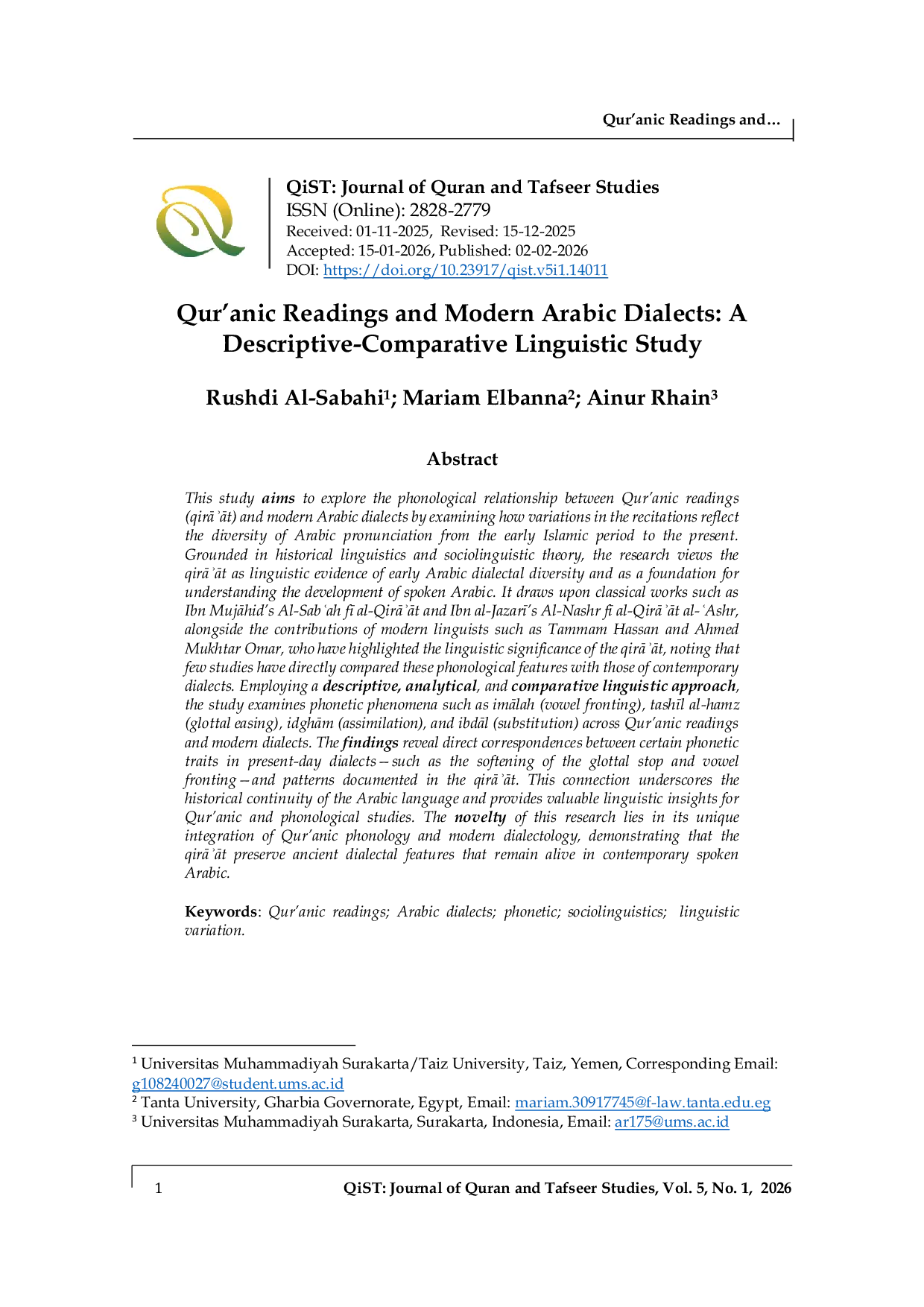 JURIS Qur anic Readings and Modern Arabic Dialects A Descriptive Comparative Linguistic Study