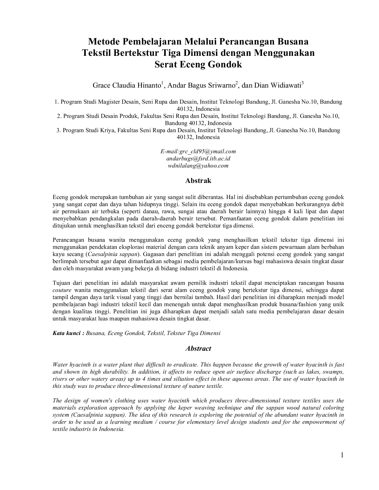 JURIS Metode Pembelajaran Melalui Perancangan Busana Tekstil Bertekstur Tiga Dimensi Dengan Menggunakan Serat Eceng Gondok