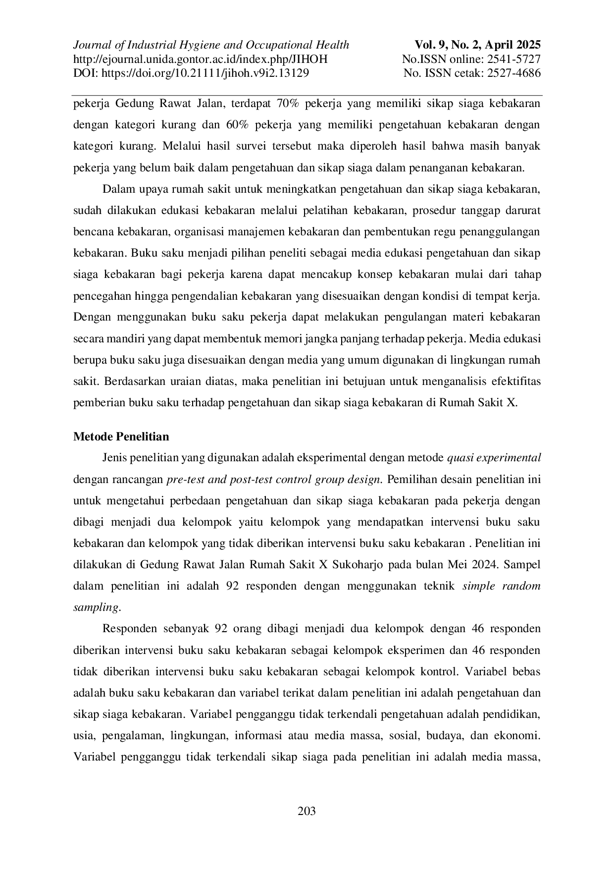 JURIS Efektifitas Pemberian Buku Saku Terhadap Pengetahuan Dan Sikap Siaga Kebakaran Di Rumah Sakit X Sukoharjo