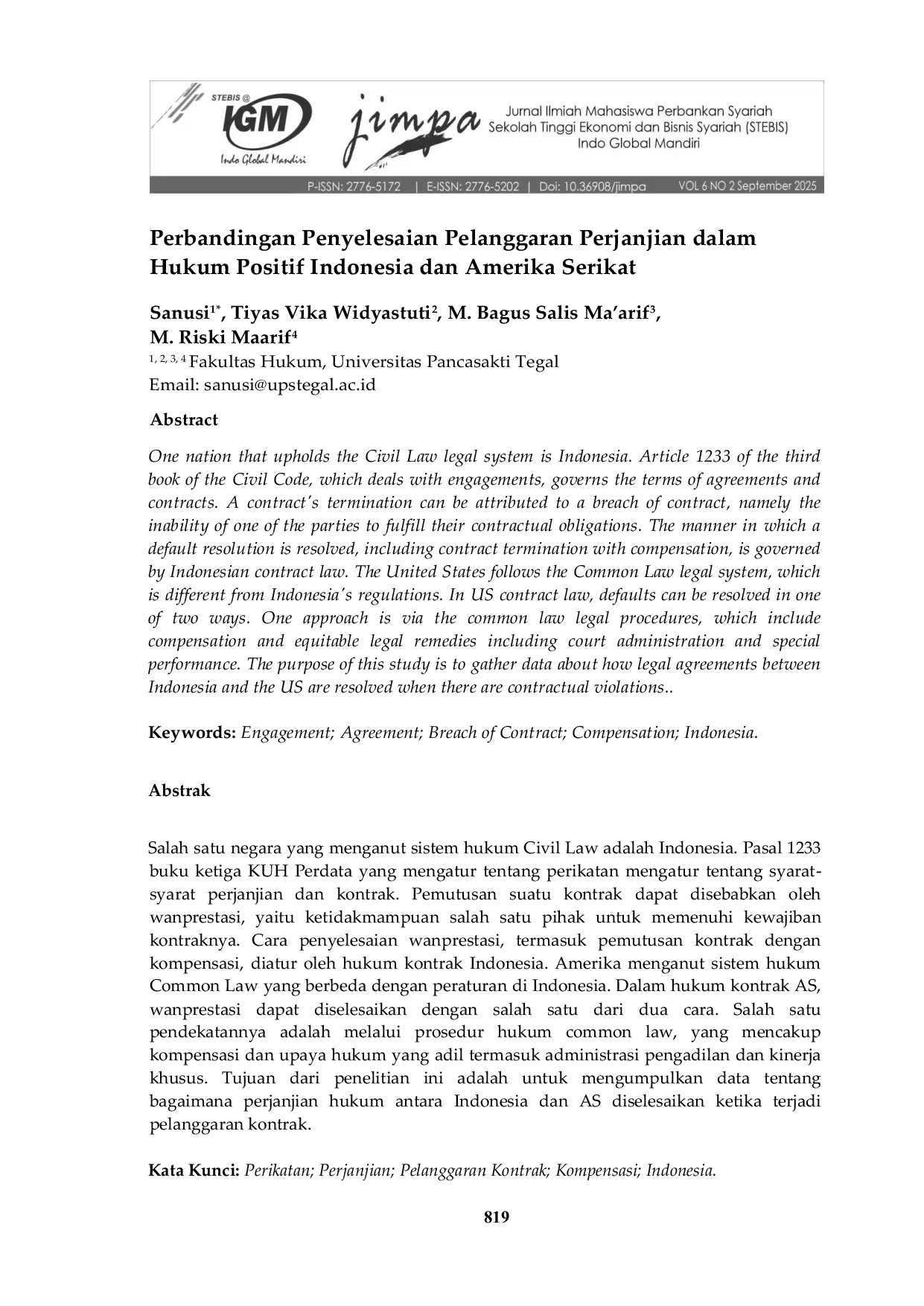 JURIS Perbandingan Penyelesaian Pelanggaran Perjanjian dalam Hukum Positif Indonesia dan Amerika Serikat