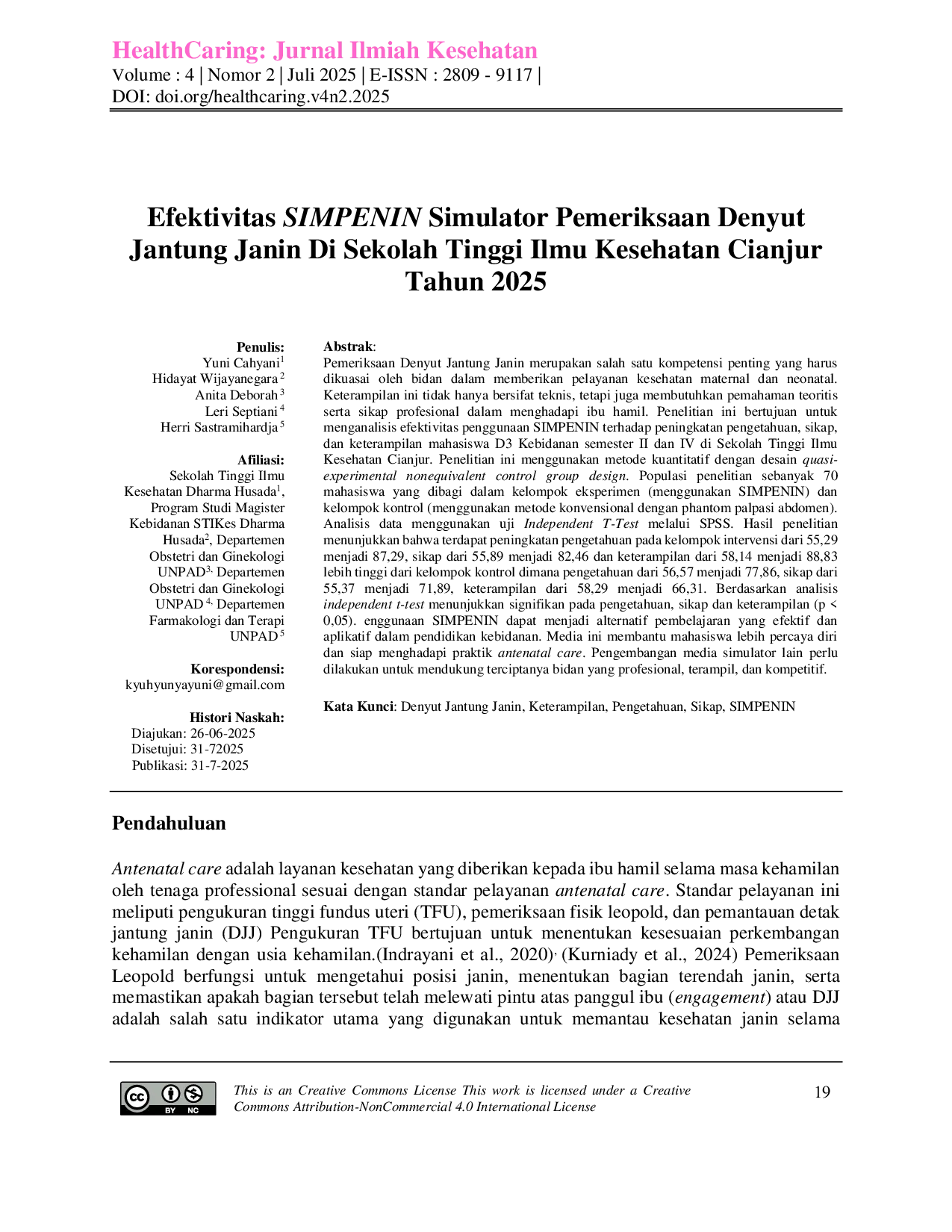 JURIS Efektivitas SIMPENIN Simulator Pemeriksaan Denyut Jantung Janin Di Sekolah Tinggi Ilmu Kesehatan Cianjur Tahun 2025