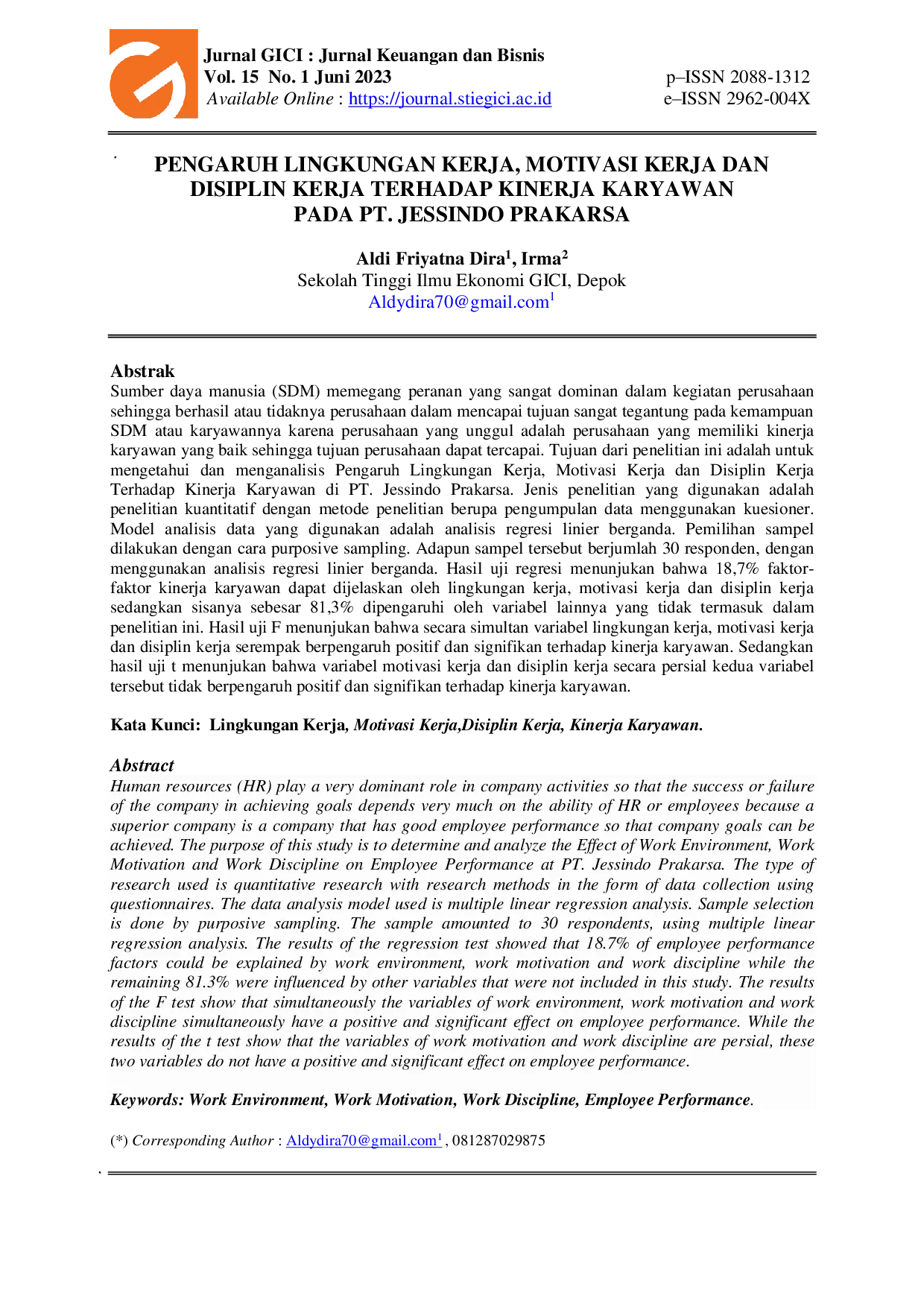 JURIS Pengaruh Lingkungan Kerja Motivasi Kerja dan Disiplin Kerja Terhadap Kinerja Karyawan pada PT Jessindo Prakarsa