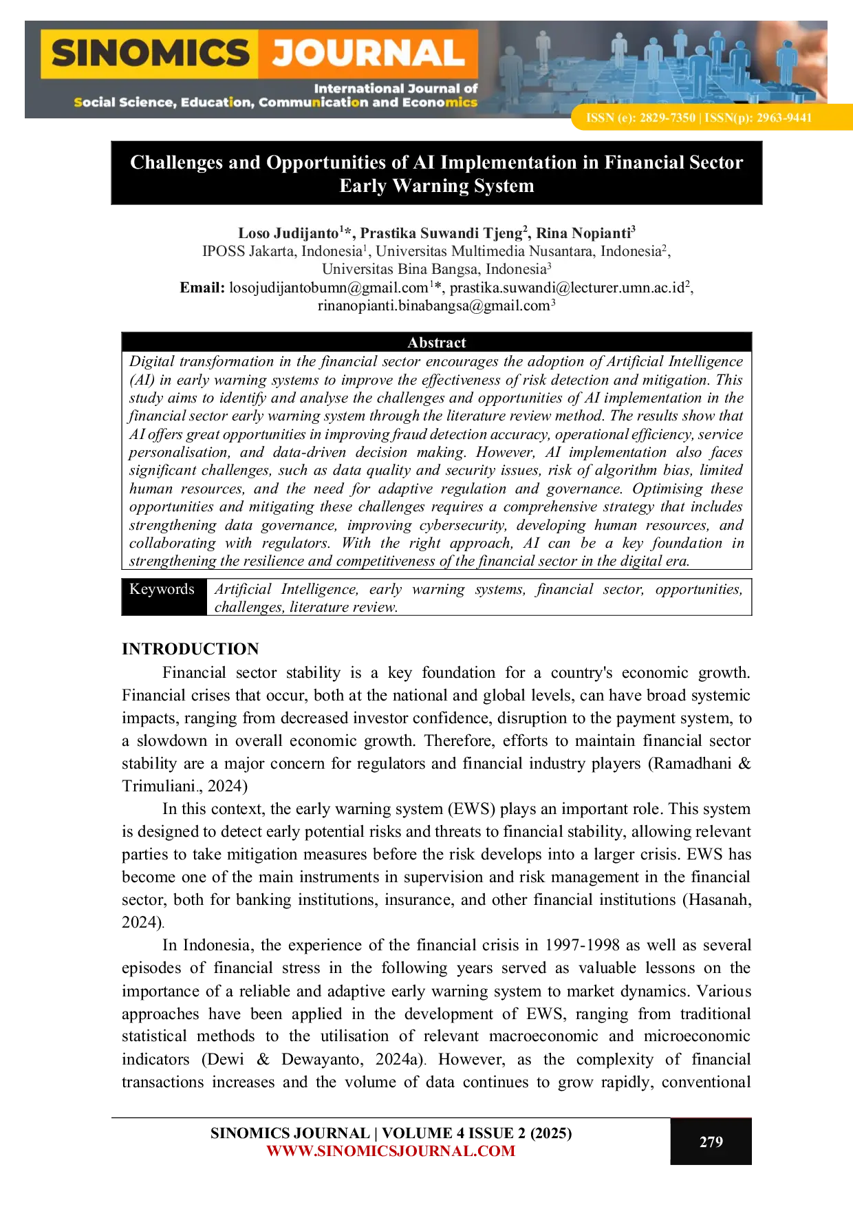JURIS Challenges and Opportunities of AI Implementation in Financial Sector Early Warning System