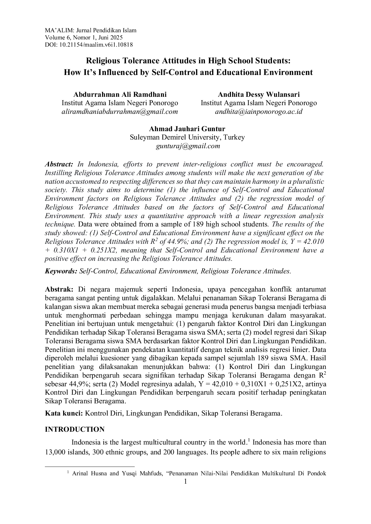 JURIS Religious Tolerance Attitudes in High School Students How It s Influenced by Self Control and Educational Environment