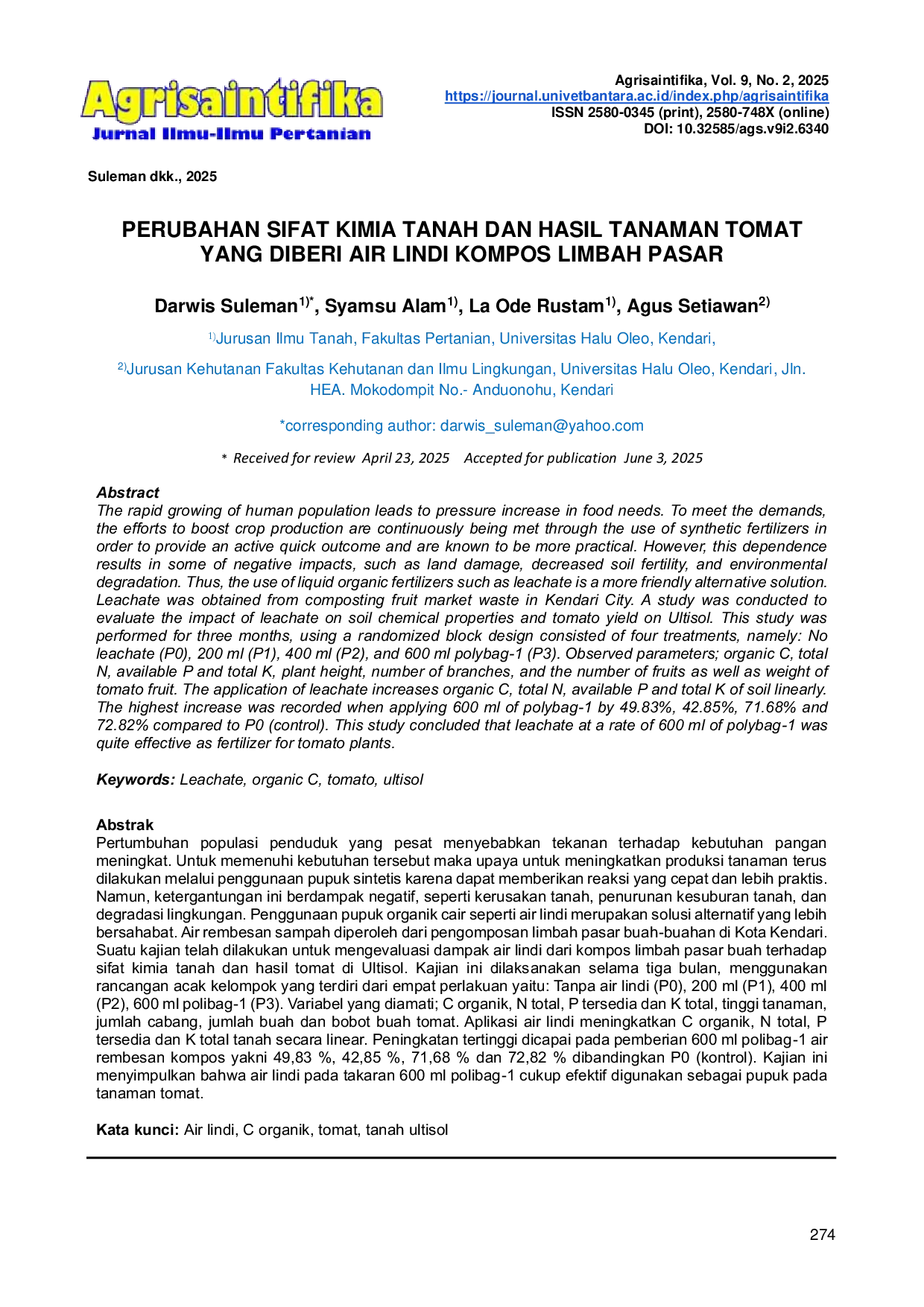 JURIS Perubahan Sifat Kimia Tanah dan Hasil Tanaman Tomat yang Diberi Air Lindi Kompos Limbah Pasar