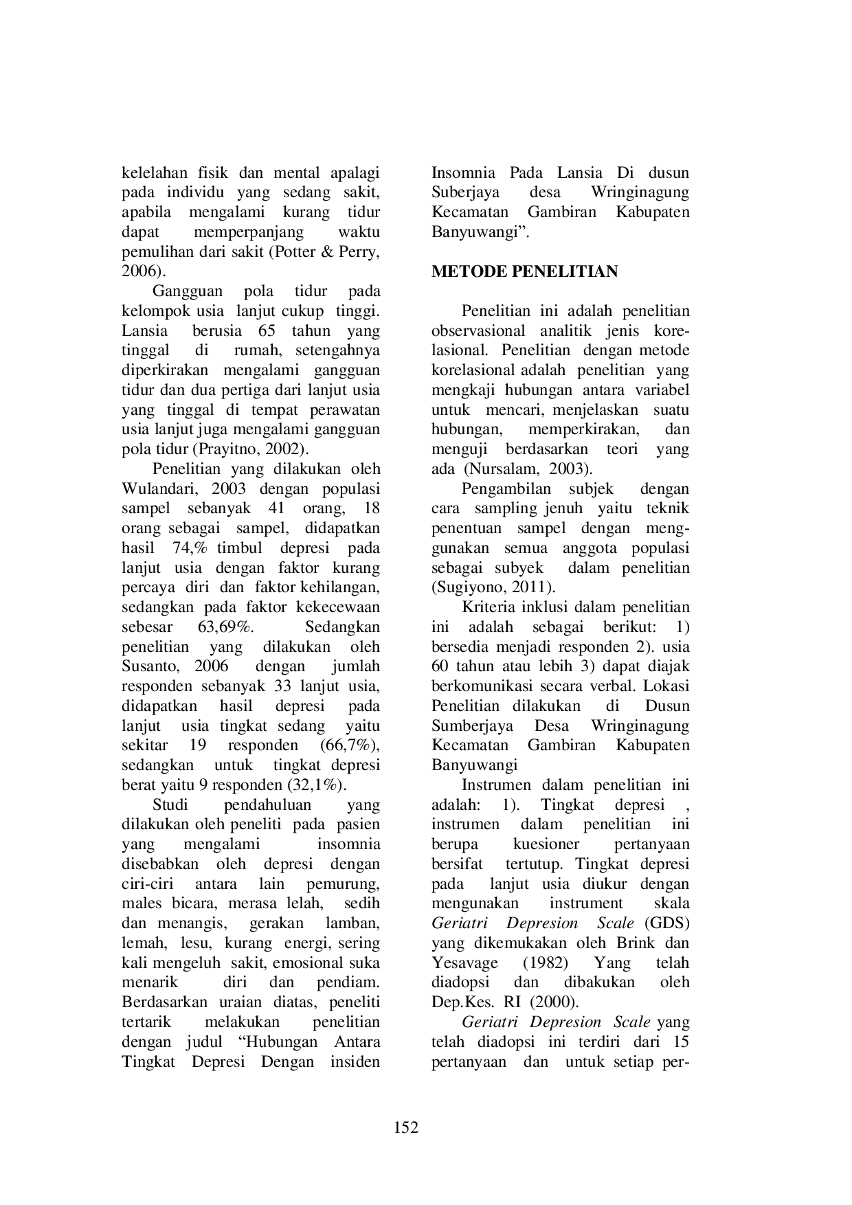 JURIS Hubungan Depresi dengan Insiden Insomnia pada Usia Lanjut di Desa Sumberjaya Kecamatan Gambiran Kabupaten Banyuwangi