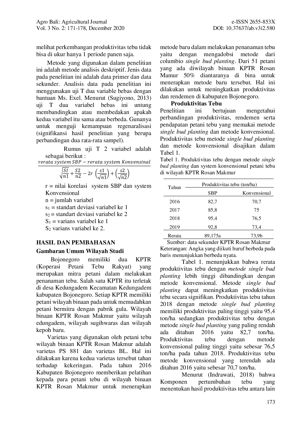 JURIS Analisis Efektivitas Penerapan Metode Single Bud Planting Dan Metode Konvensional Pada Penanaman Tebu Plant Cane Di Kabupaten Bojonegoro
