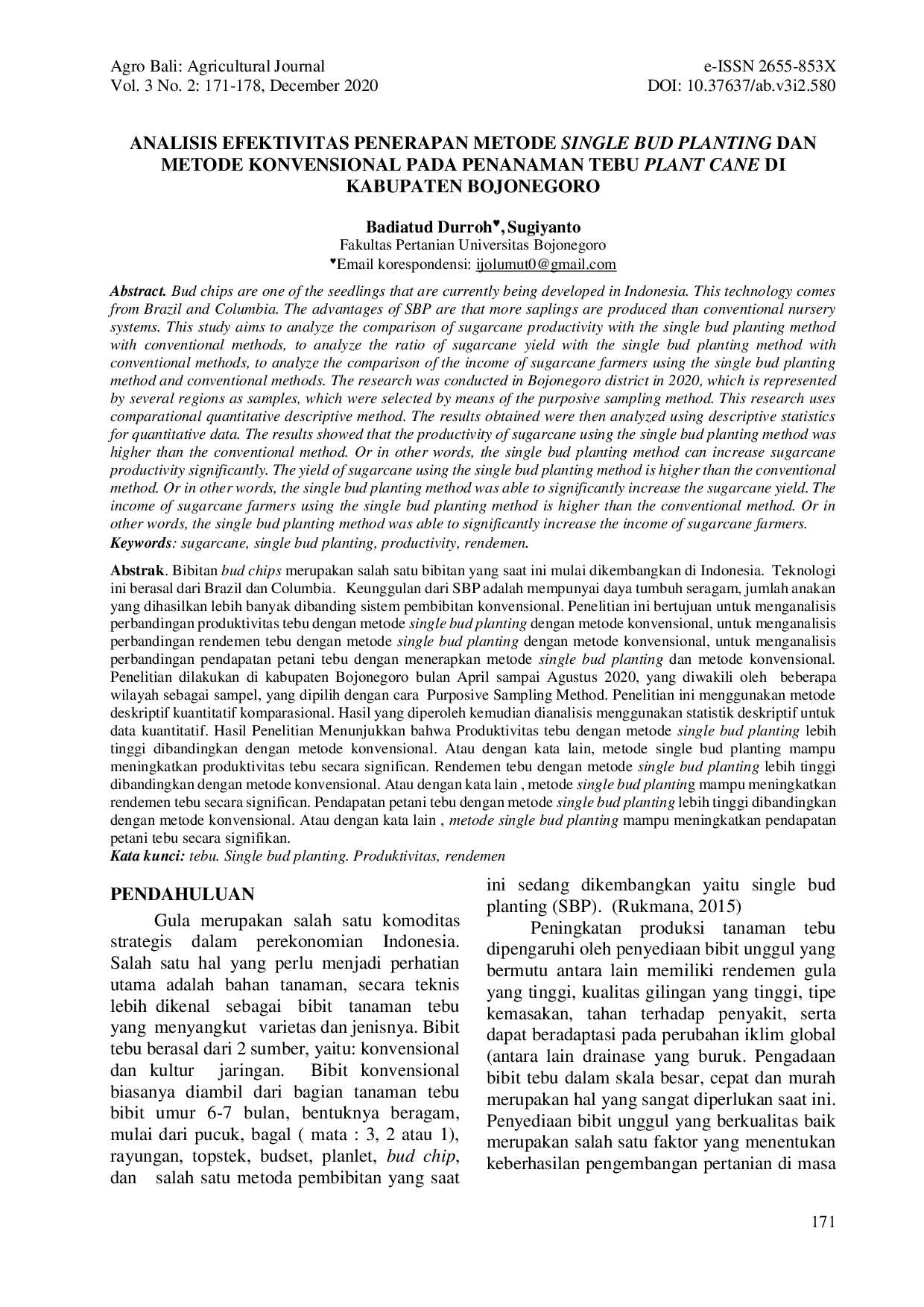 JURIS Analisis Efektivitas Penerapan Metode Single Bud Planting Dan Metode Konvensional Pada Penanaman Tebu Plant Cane Di Kabupaten Bojonegoro