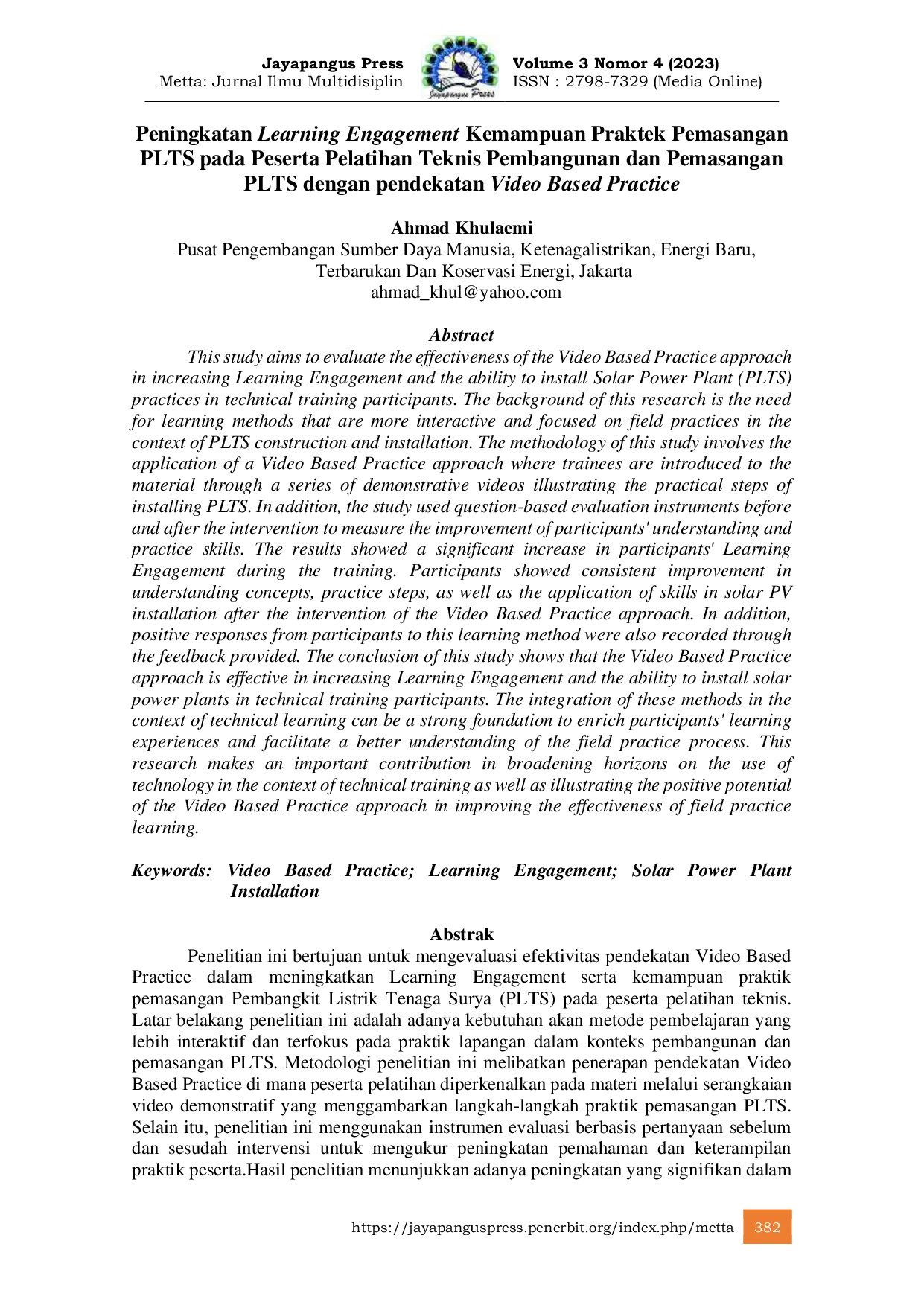 JURIS Peningkatan Learning Engagement Kemampuan Praktek Pemasangan PLTS pada Peserta Pelatihan Teknis Pembangunan dan Pemasangan PLTS dengan pendekatan Video Based Practice