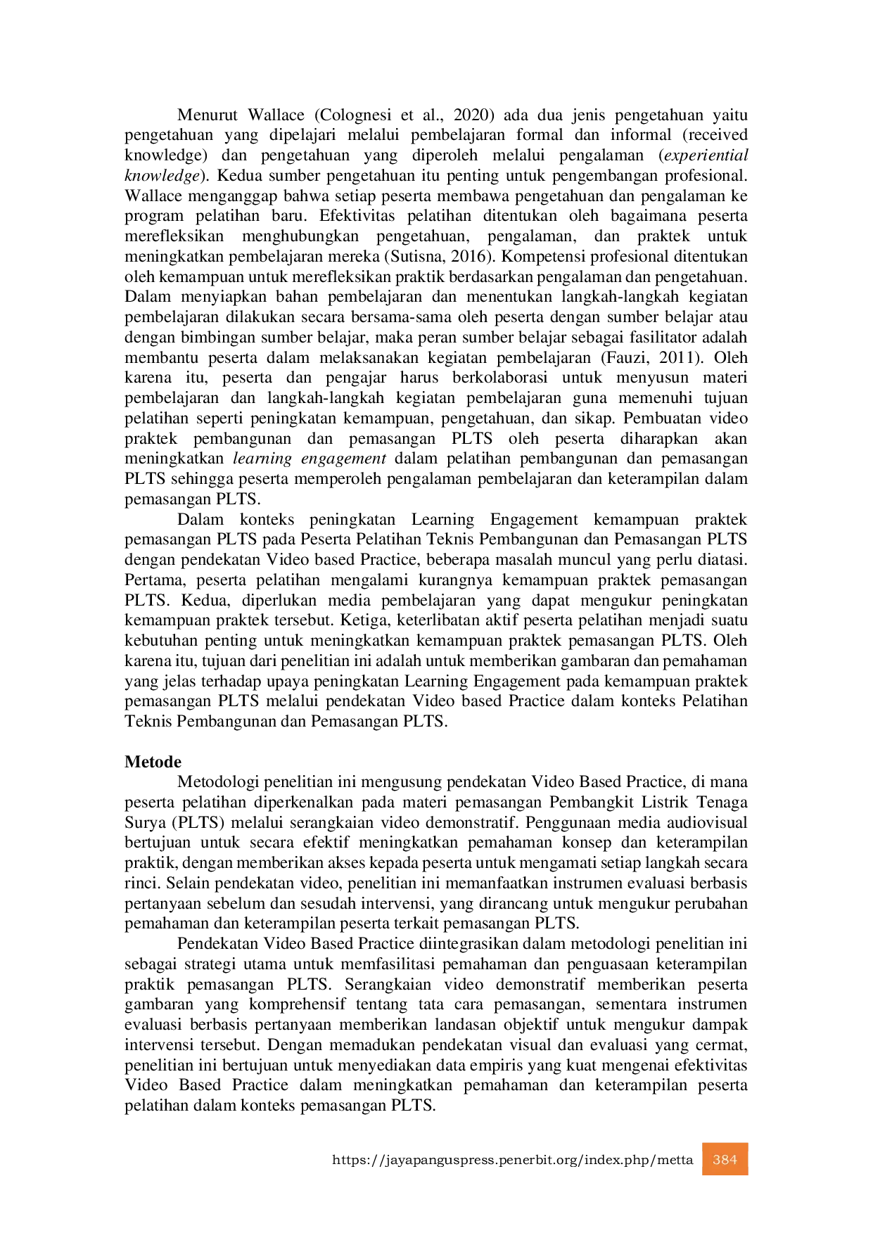 JURIS Peningkatan Learning Engagement Kemampuan Praktek Pemasangan PLTS pada Peserta Pelatihan Teknis Pembangunan dan Pemasangan PLTS dengan pendekatan Video Based Practice