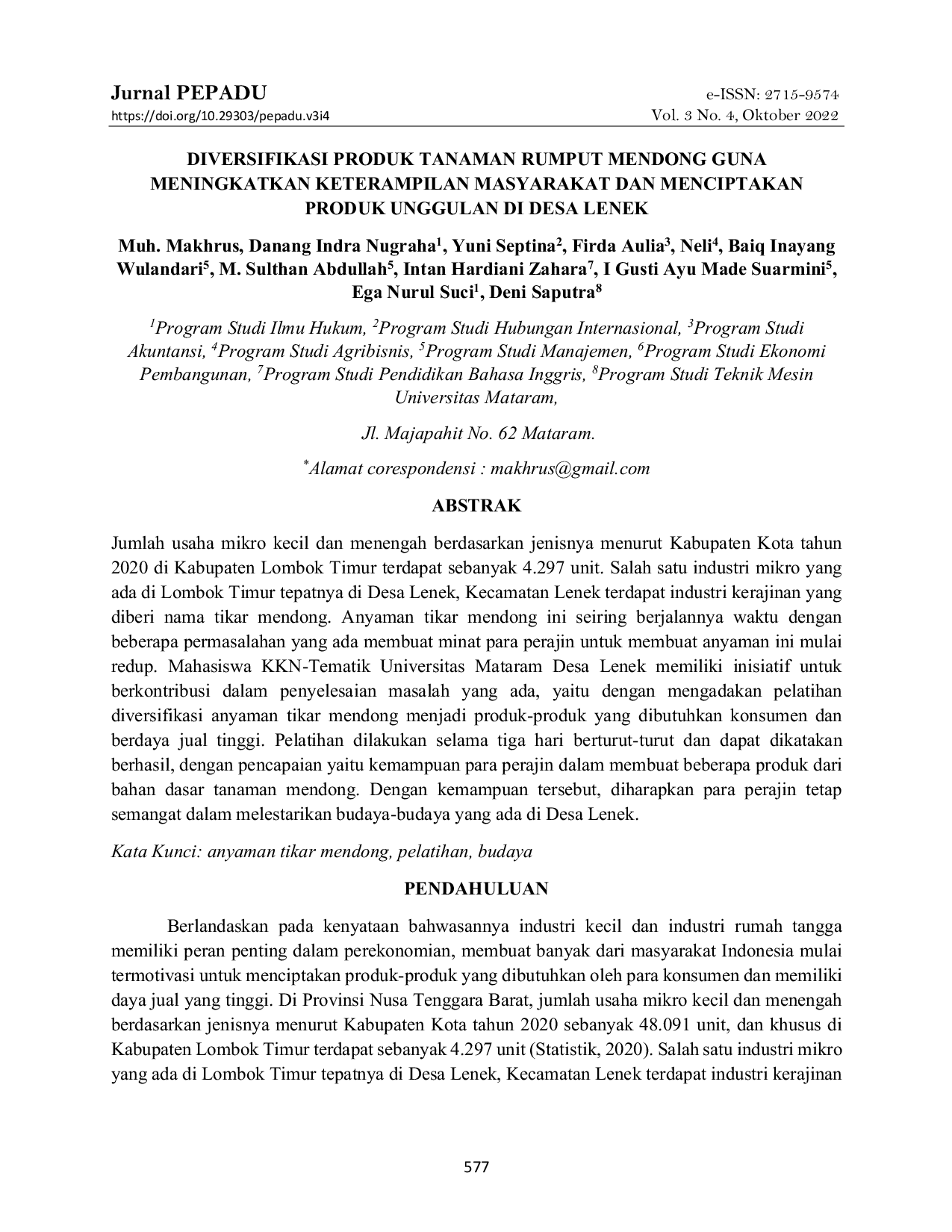 JURIS Diversifikasi Produk Tanaman Rumput Mendong Guna Meningkatkan Keterampilan Masyarakat Dan Menciptakan Produk Unggulan Di Desa Lenek