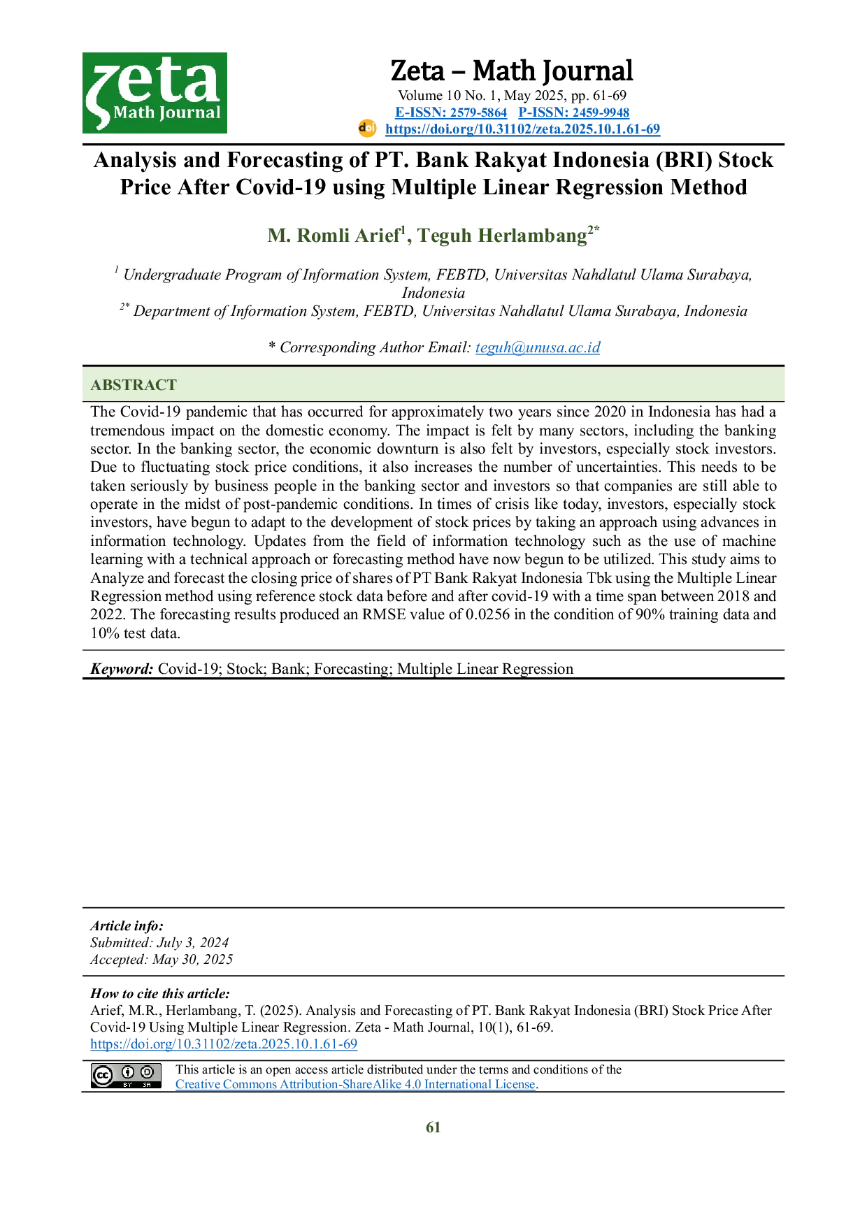 JURIS Analysis and Forecasting of PT Bank Rakyat Indonesia BRI Stock Price After Covid 19 using Multiple Linear Regression Method