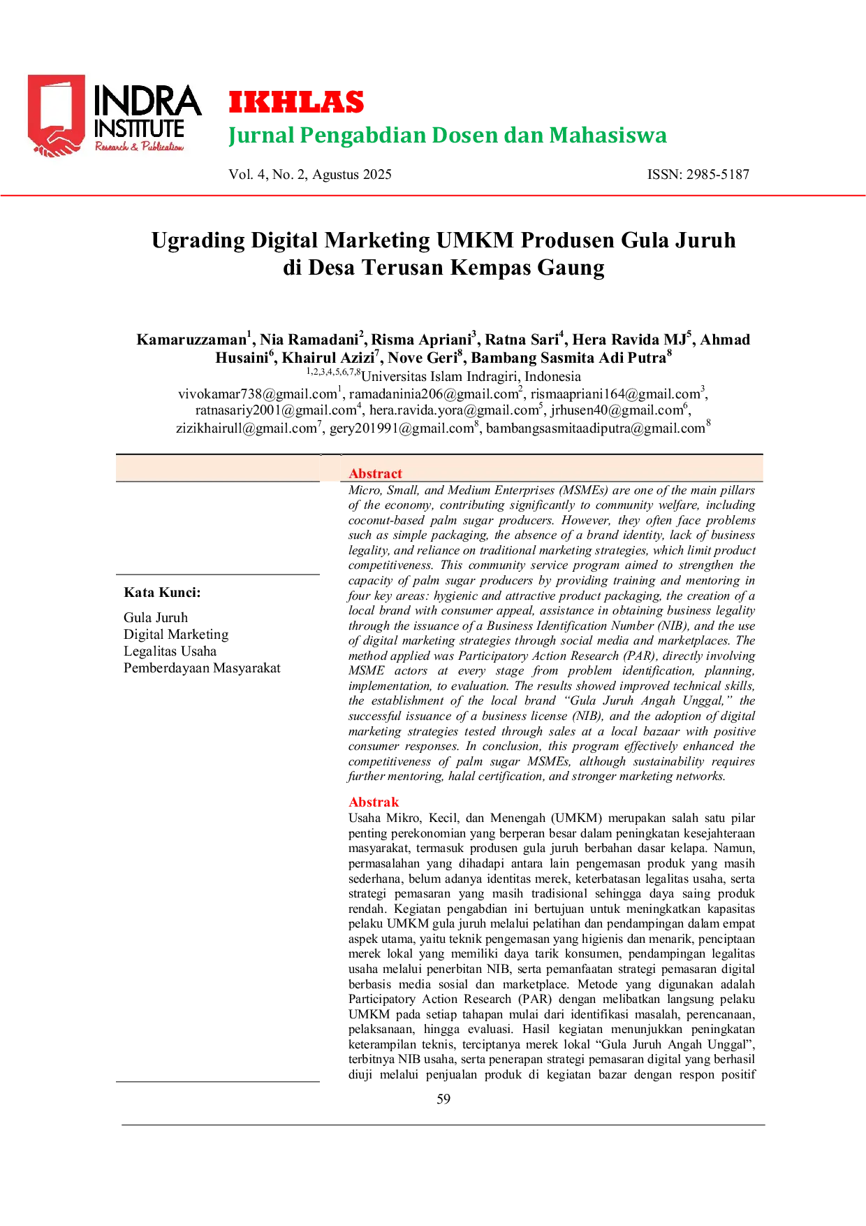 JURIS Ugrading Digital Marketing UMKM Produsen Gula Juruh di Desa Terusan Kempas Gaung