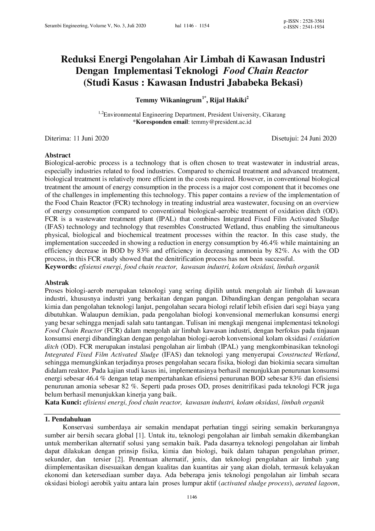 JURIS Reduksi Energi Pengolahan Air Limbah di Kawasan Industri Dengan Implementasi Teknologi Food Chain Reactor Studi Kasus Kawasan Industri Jababeka Bekasi