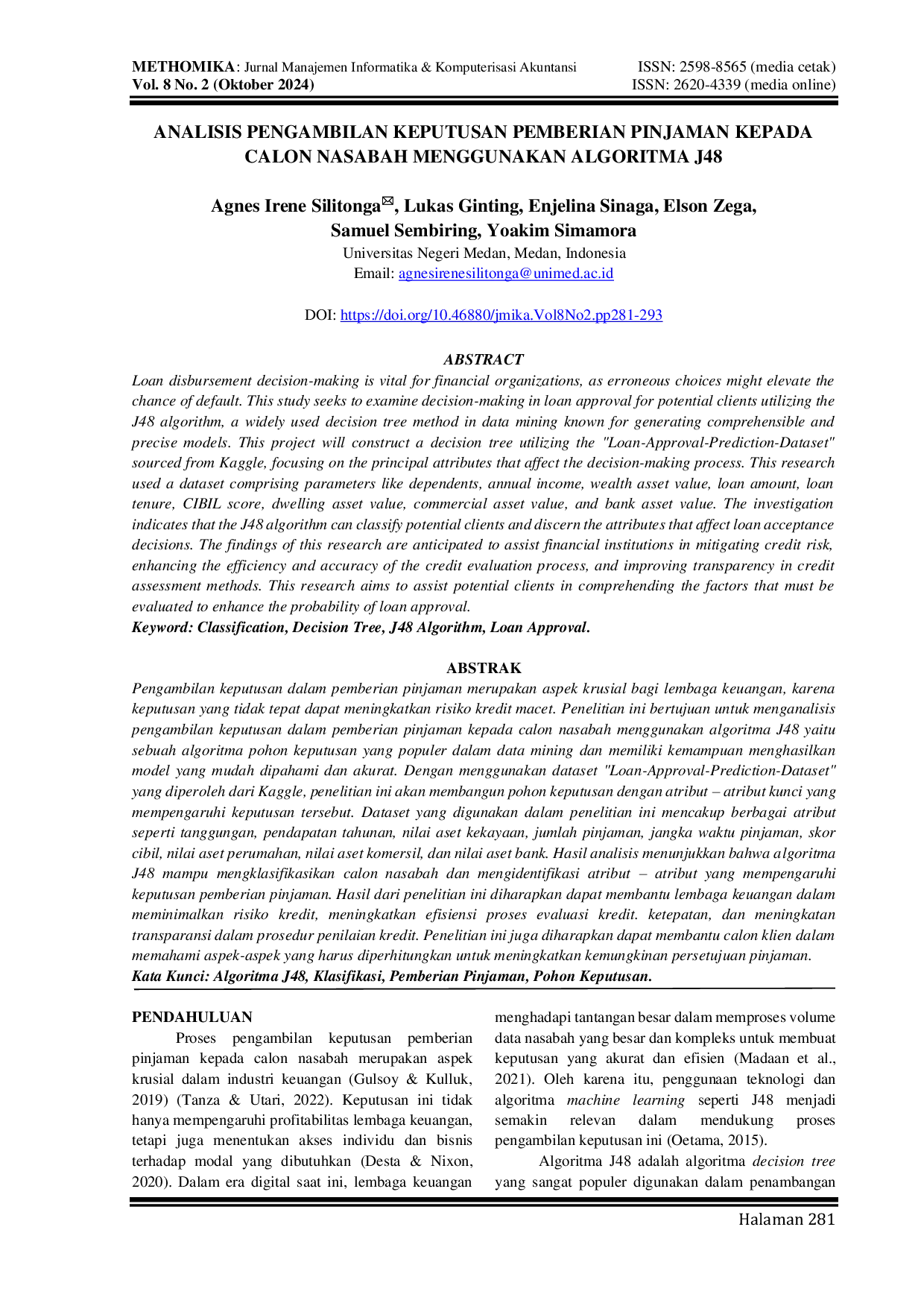 JURIS Analisis Pengambilan Keputusan Pemberian Pinjaman Kepada Calon Nasabah Menggunakan Algoritma J48