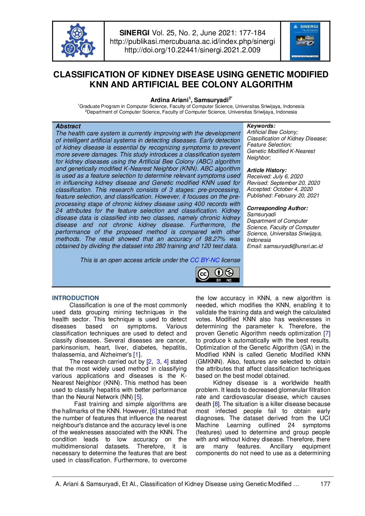 JURIS Classification of Kidney Disease Using Genetic Modified KNN and Artificial Bee Colony Algorithm