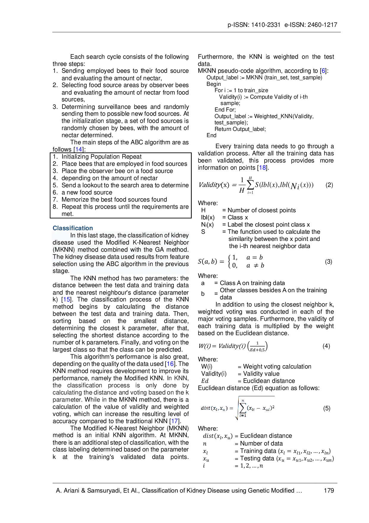 JURIS Classification of Kidney Disease Using Genetic Modified KNN and Artificial Bee Colony Algorithm