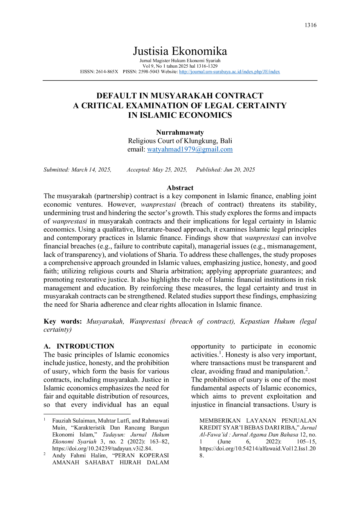 JURIS DEFAULT IN MUSYARAKAH CONTRACT A CRITICAL EXAMINATION OF LEGAL CERTAINTY IN ISLAMIC ECONOMICS indonesia