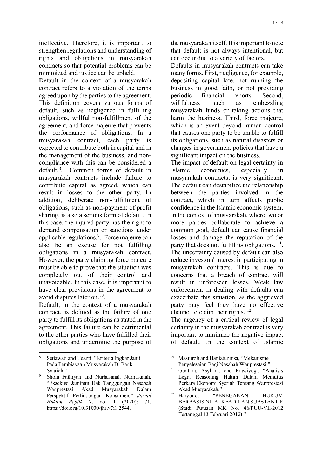 JURIS DEFAULT IN MUSYARAKAH CONTRACT A CRITICAL EXAMINATION OF LEGAL CERTAINTY IN ISLAMIC ECONOMICS indonesia