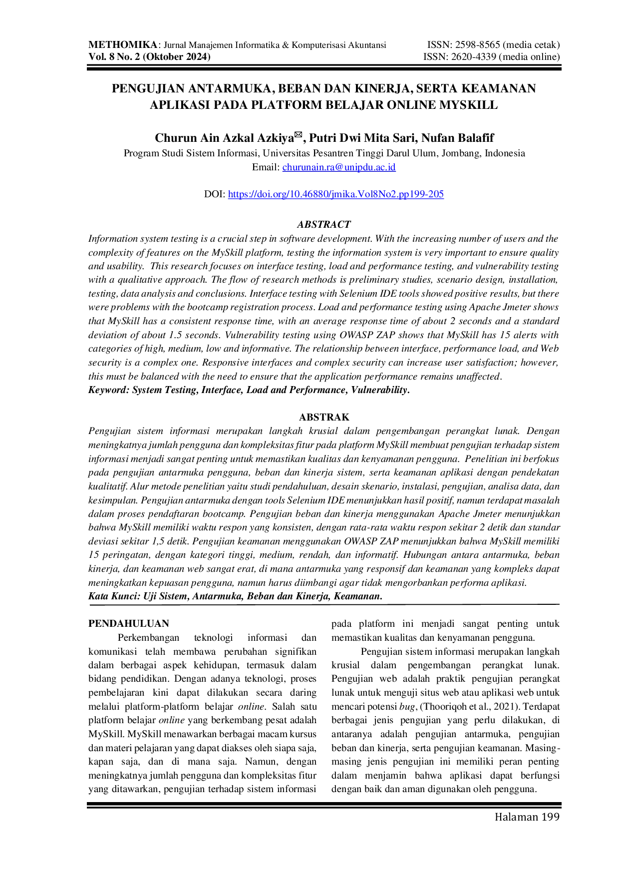 JURIS Pengujian Antarmuka Beban Dan Kinerja Serta Keamanan Aplikasi Pada Platform Belajar Online Myskill