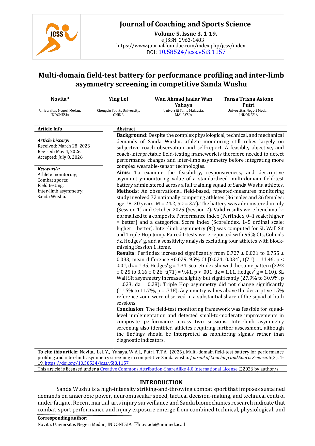 JURIS Multi domain field test battery for performance profiling and inter limb asymmetry screening in competitive Sanda Wushu