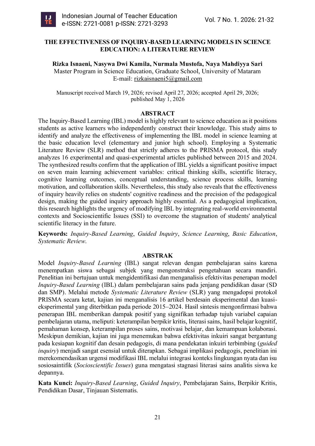 JURIS The Effectiveness of Inquiry Based Learning Models in Science Education A Literature Review