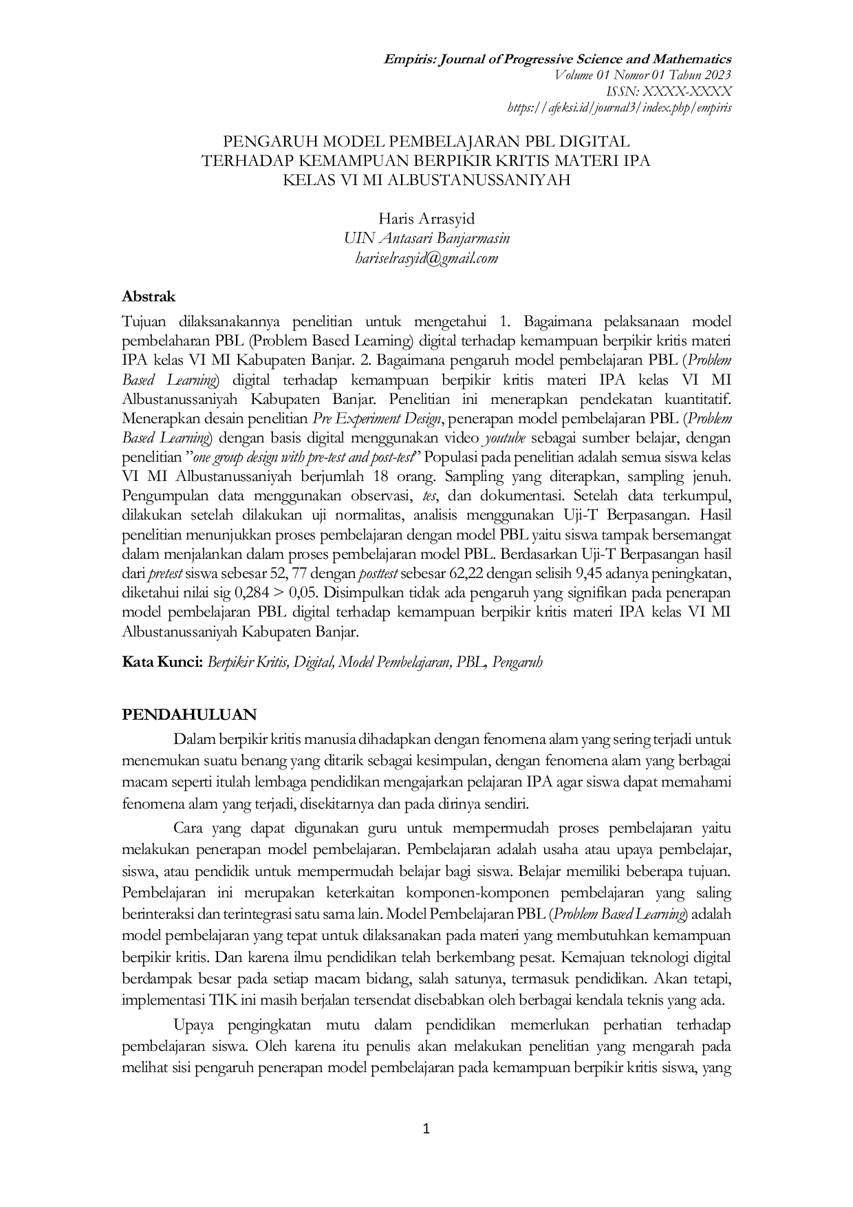 JURIS Pengaruh Model Pembelajaran Pbl Digital Terhadap Kemampuan Berpikir Kritis Materi Ipa Kelas Vi Mi Albustanussaniyah