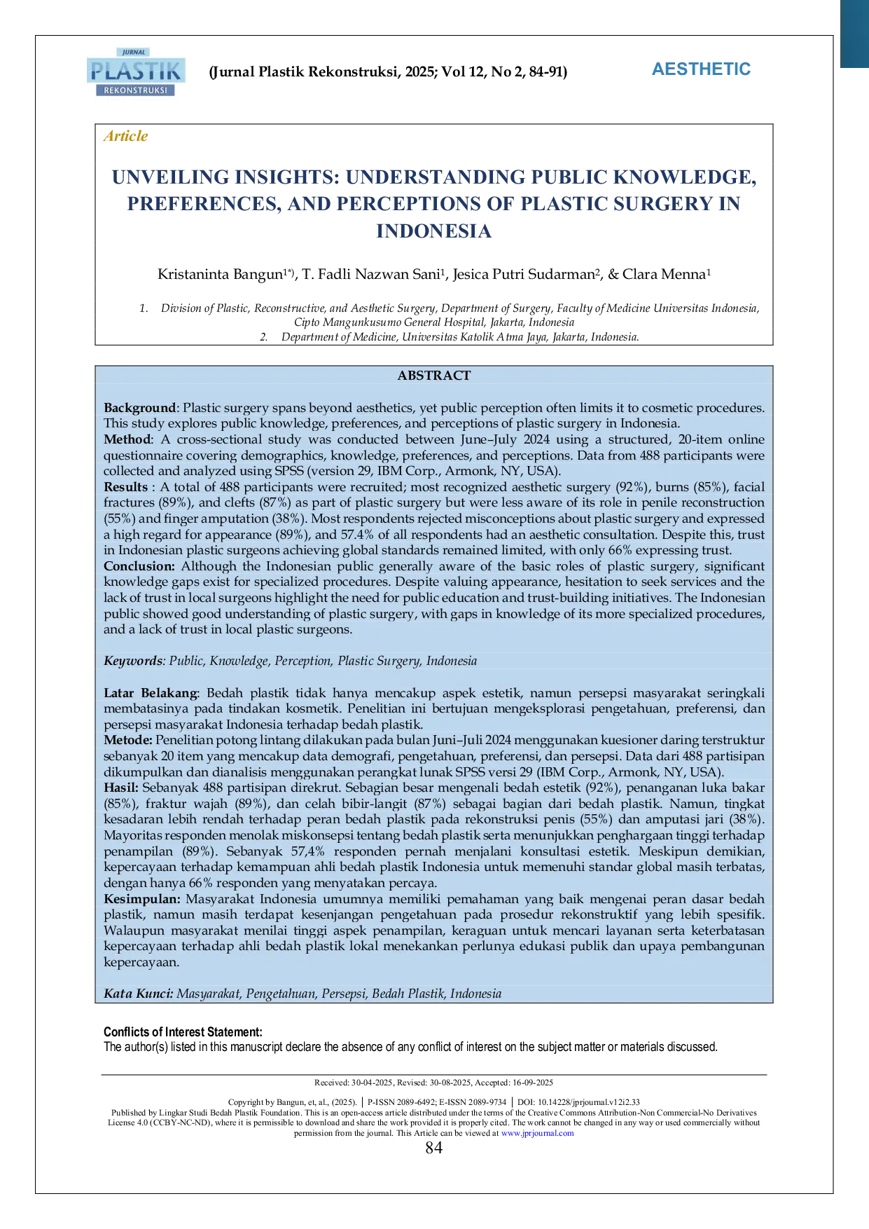JURIS Unveiling Insights Understanding Public Knowledge Preferences and Perceptions of Plastic Surgery in Indonesia