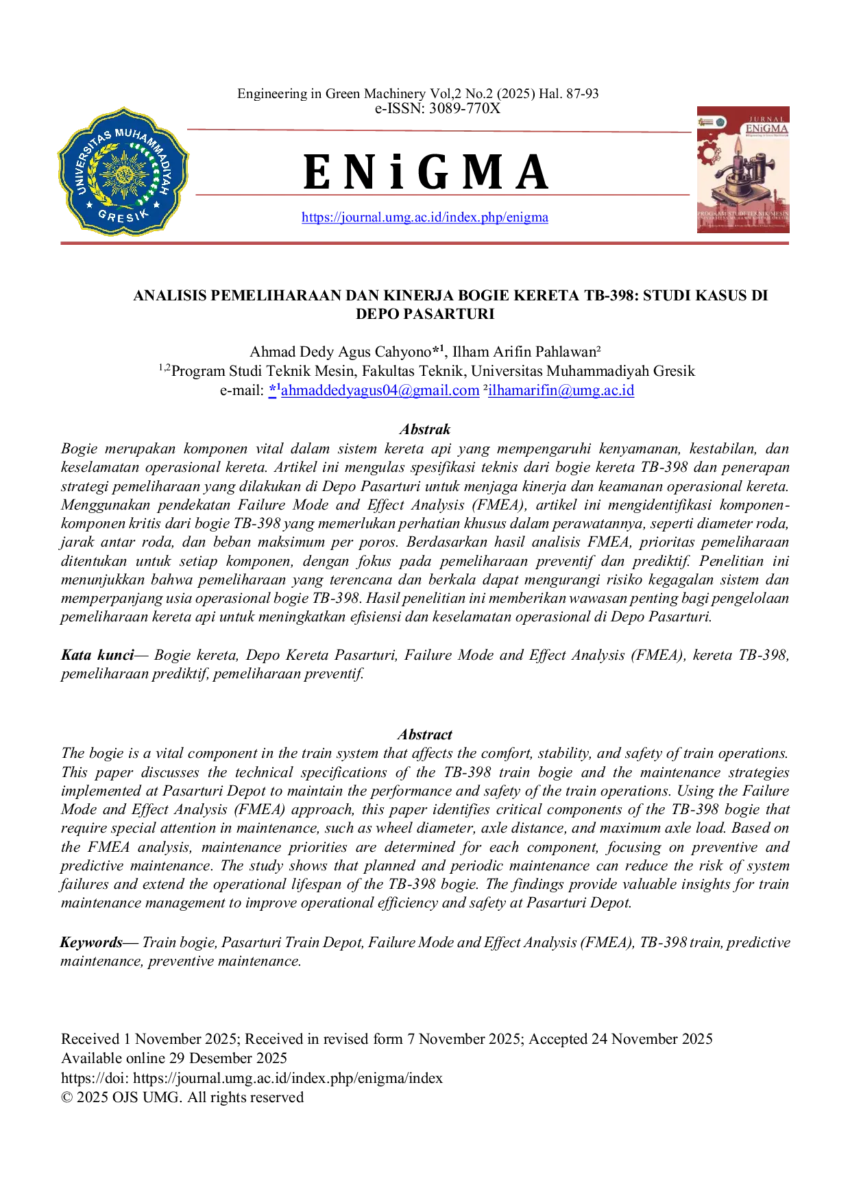 JURIS The ANALISIS PEMELIHARAAN DAN KINERJA BOGIE KERETA TB 398 STUDI KASUS DI DEPO PASARTURI